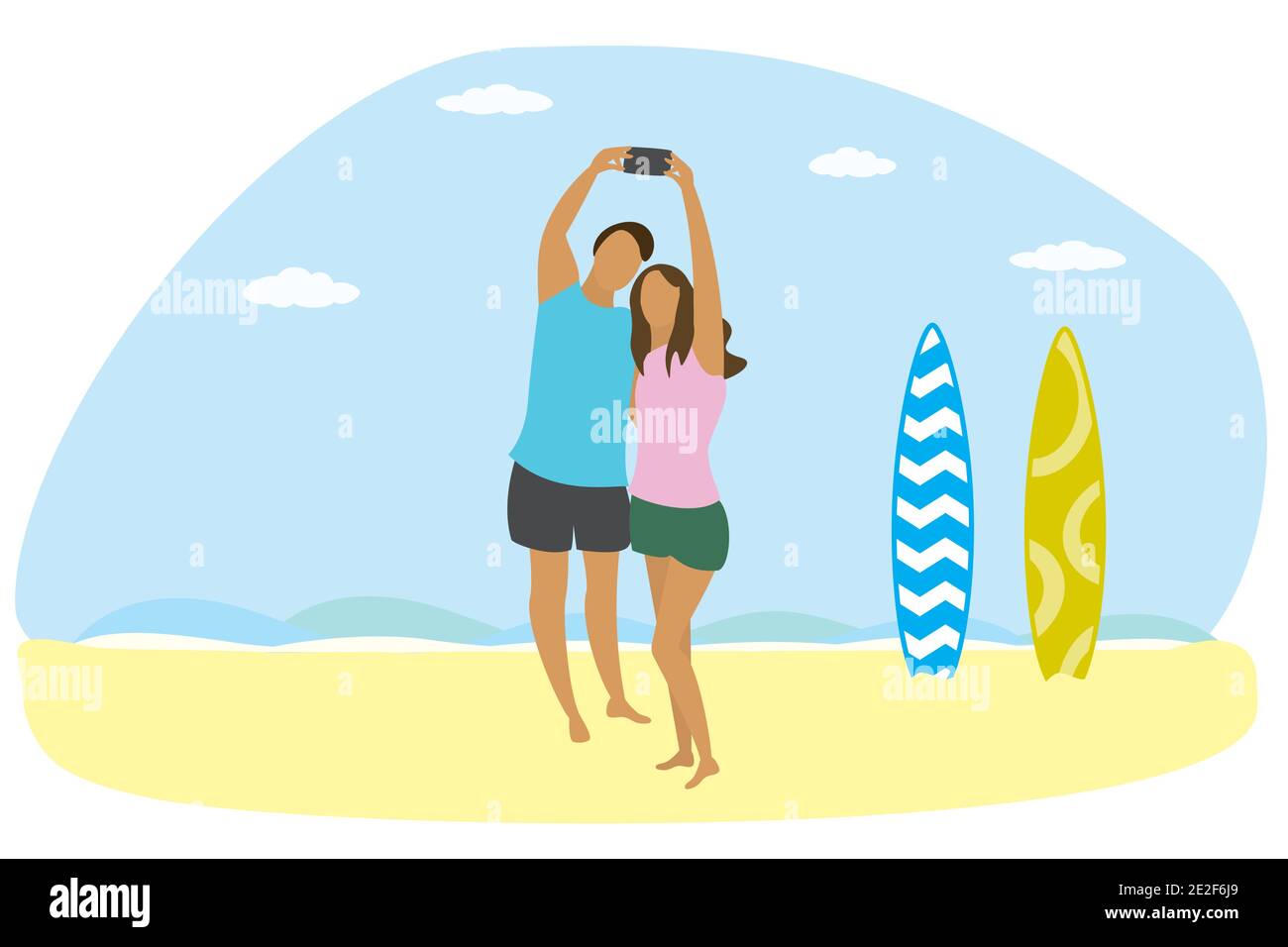 Felice coppia innamorata sulla spiaggia dell'oceano e due tavole da surf, persone prendete un selfie, flat vettoriale illustrazione in stile semplice trendy Illustrazione Vettoriale