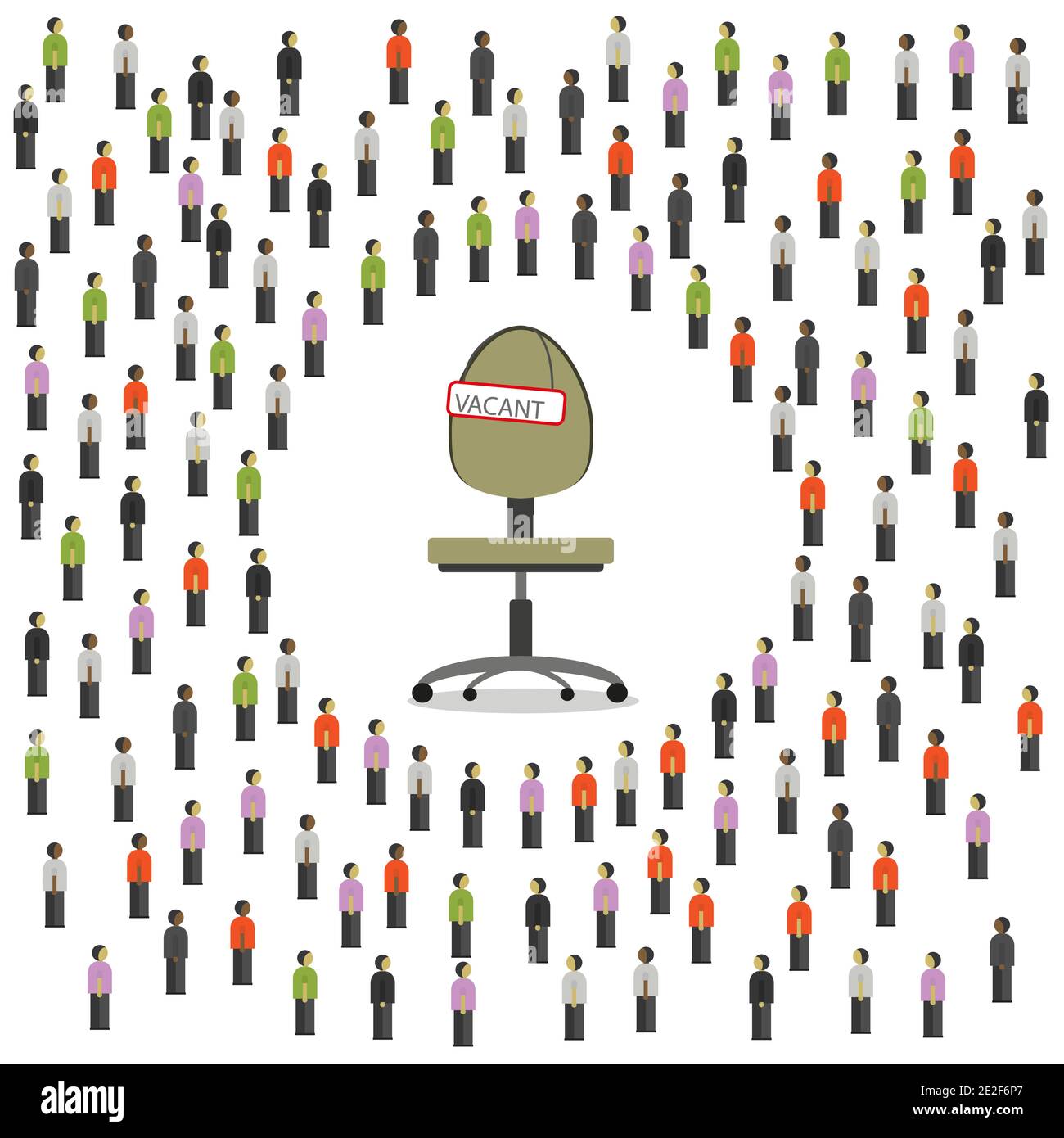 Molte persone diverse alla ricerca di un lavoro e in centro sedia di affari con segno-vacante, concetto di reclutamento, stile alla moda su sfondo bianco, vettore il Illustrazione Vettoriale