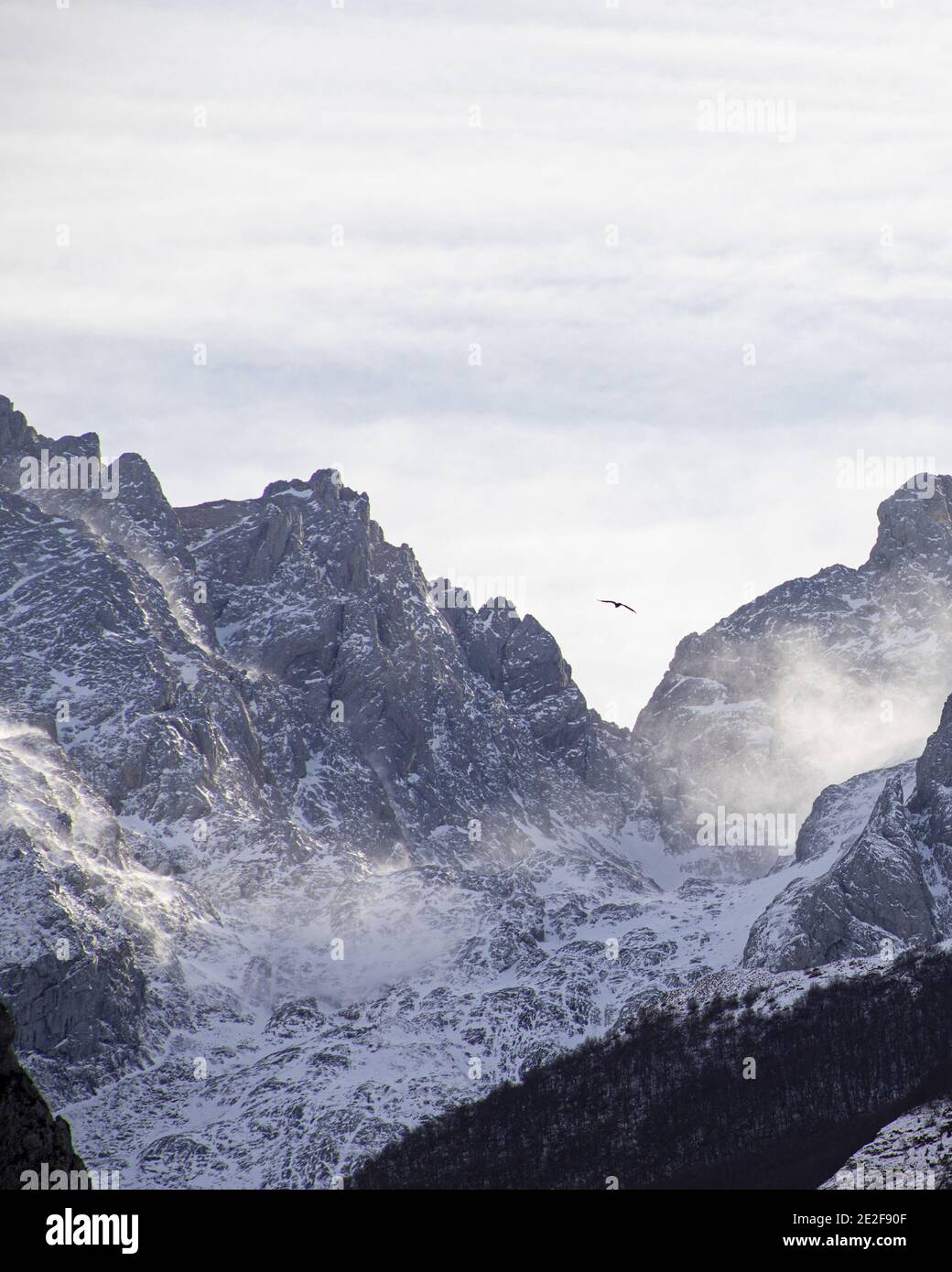 Bellissimo paesaggio di montagne rocciose con neve nelle Asturie, Spagna Foto Stock