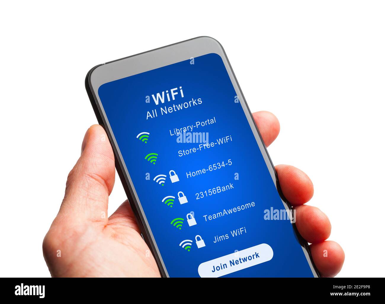 Smart Phone con mani e reti WiFi per l'accesso. Foto Stock