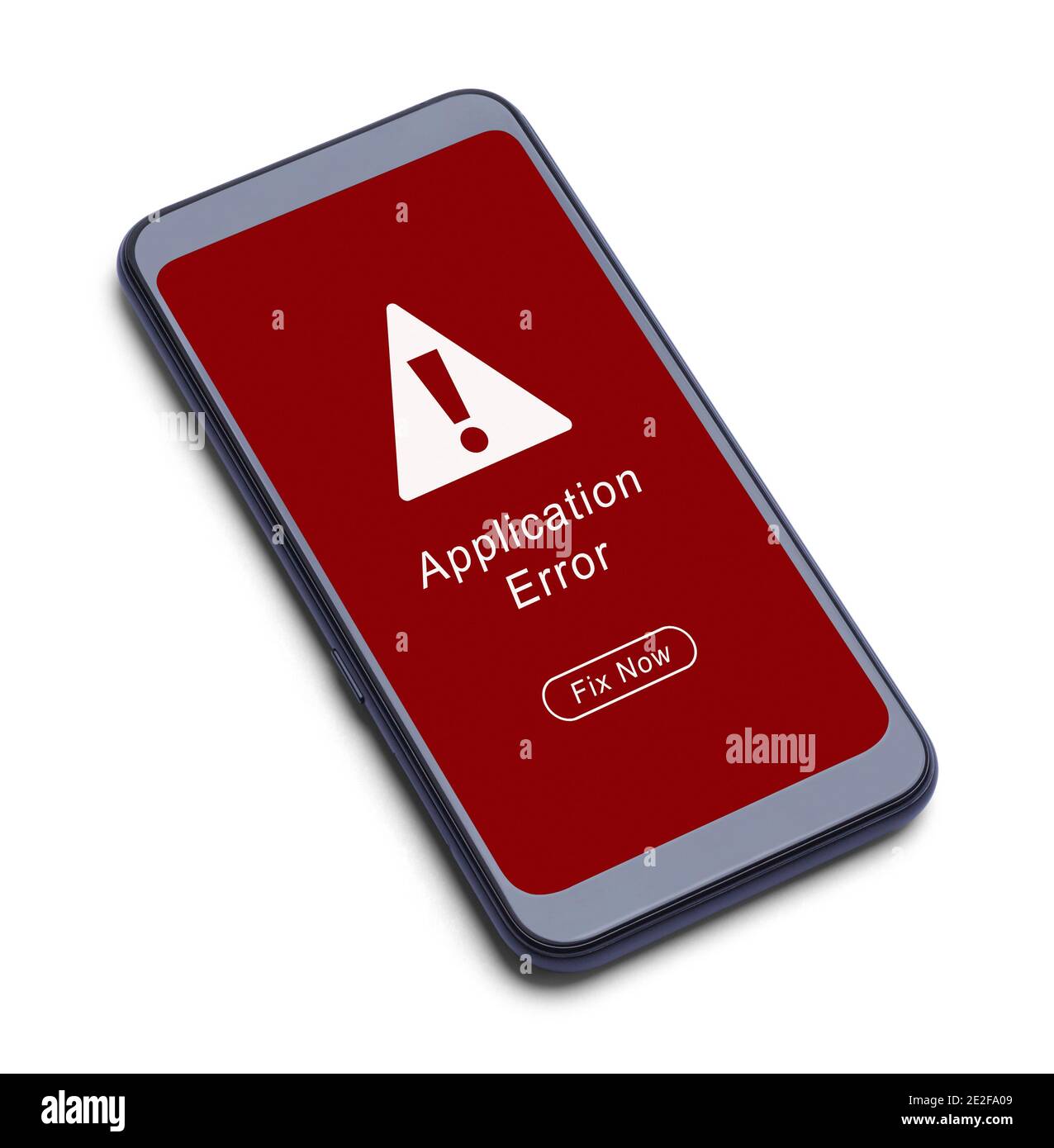 Smartphone con un messaggio di errore dell'applicazione e icona con pulsante Correggi ora tagliato in bianco. Foto Stock