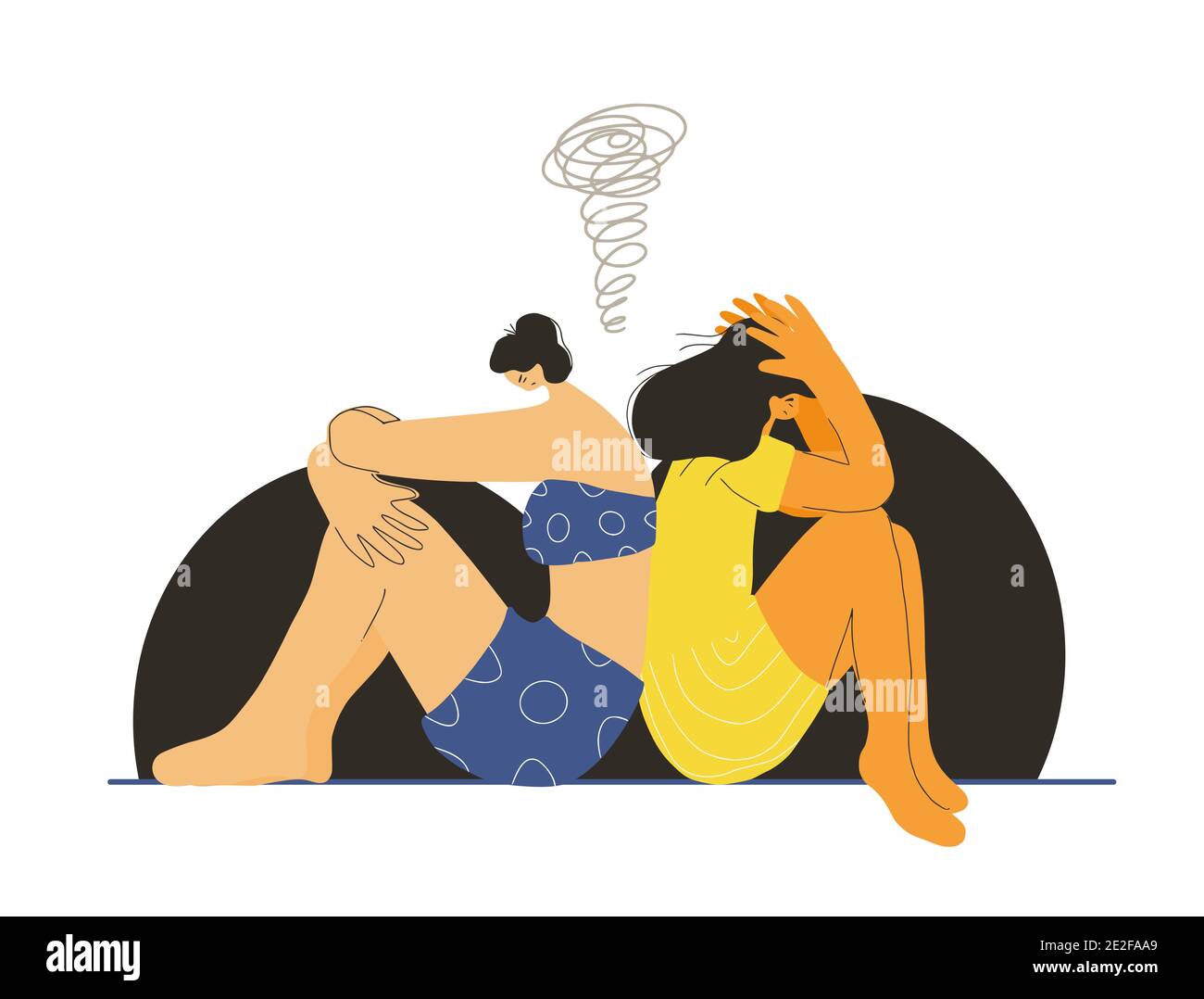 Rapporto difettoso. Due ragazze che si siedono sul pavimento indietro con rabbia e risentimento. Coppie di persone durante il conflitto. Gli amici combattono. Donne dopo q Illustrazione Vettoriale