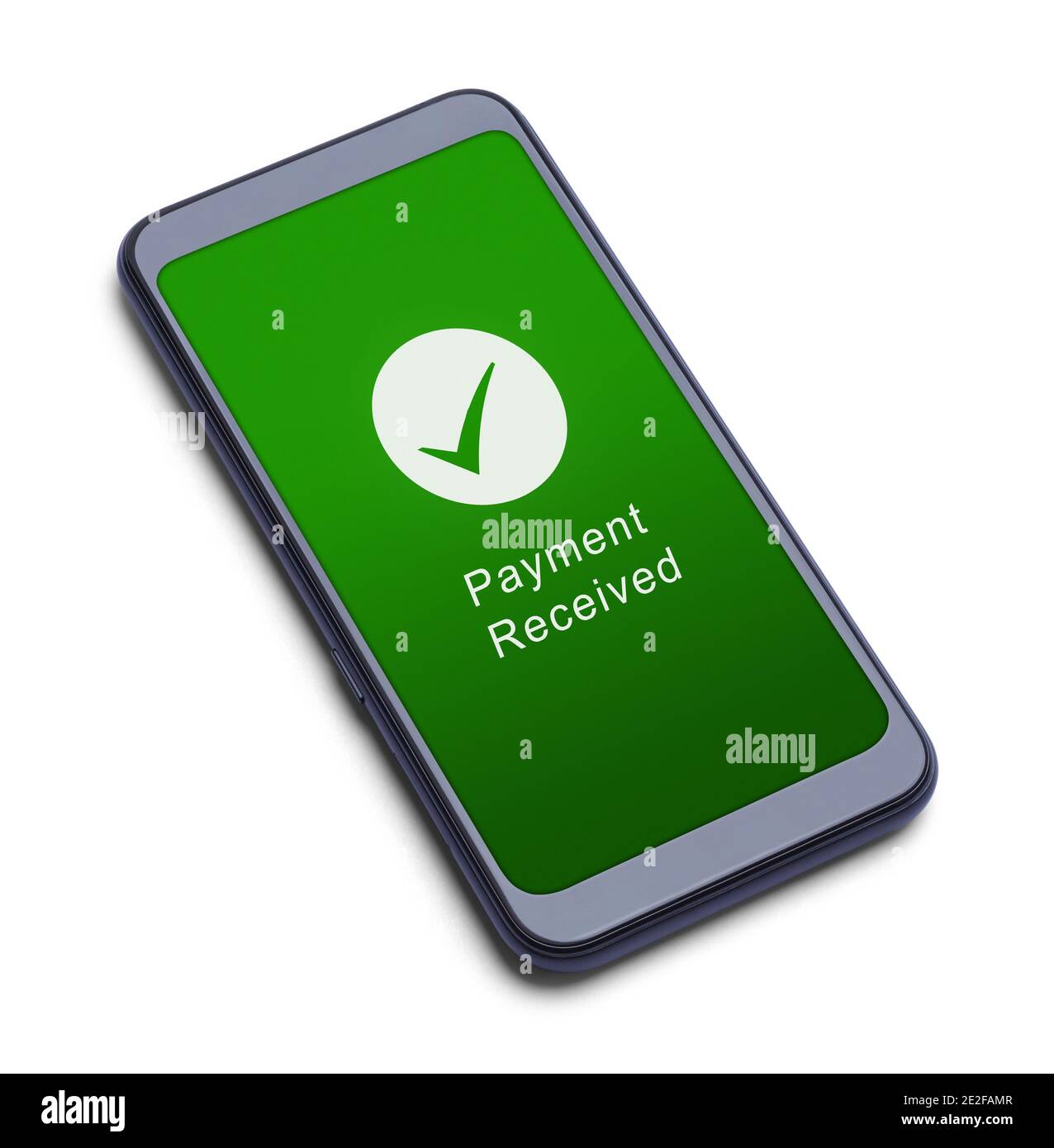 Smartphone con messaggio di pagamento ricevuto e icona tagliata su bianco. Foto Stock