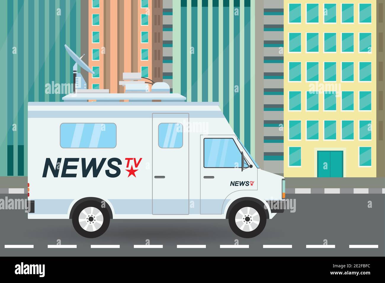 Moderno camion di notizie sulla strada della città, veicolo radiotelevisivo mobile, illustrazione vettoriale piatta Illustrazione Vettoriale