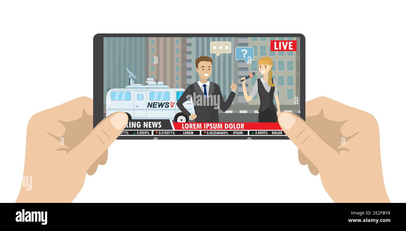 Mani che tengono moderno smartphone, notizie app sullo schermo, reporter femminile con microfono intervistando un uomo d'affari, isolato su sfondo bianco, vettore piatto Illustrazione Vettoriale