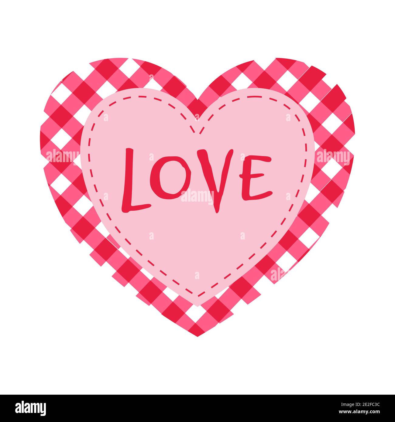 Cuore rosso a scacchi per San Valentino con l'iscrizione Amore, isolato su sfondo bianco. Immagine piatta vettoriale. Illustrazione Vettoriale