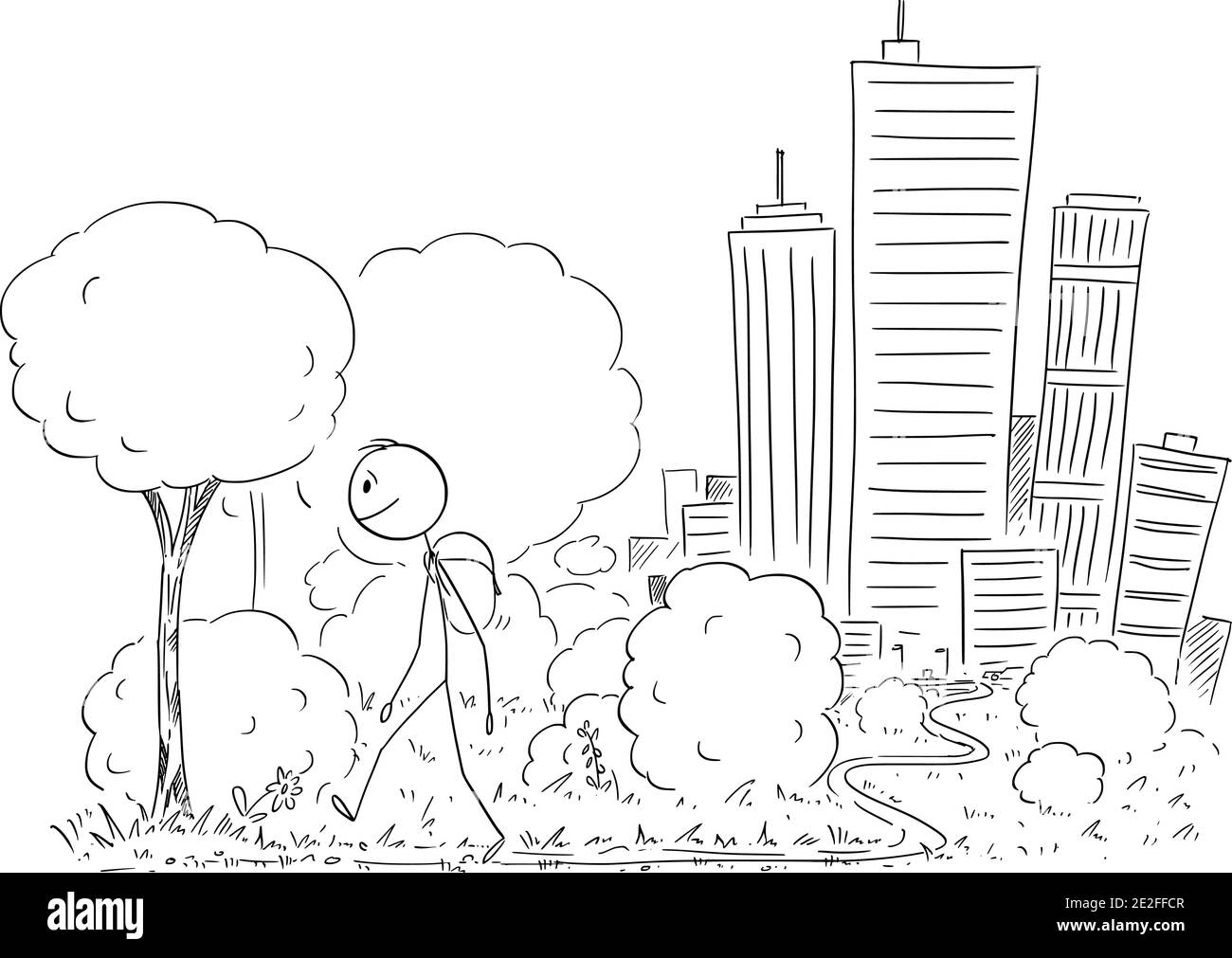 Cartoon vettoriale figura bastone illustrazione di uomo lasciando la grande città sullo sfondo e a piedi in viaggio in natura. Illustrazione Vettoriale