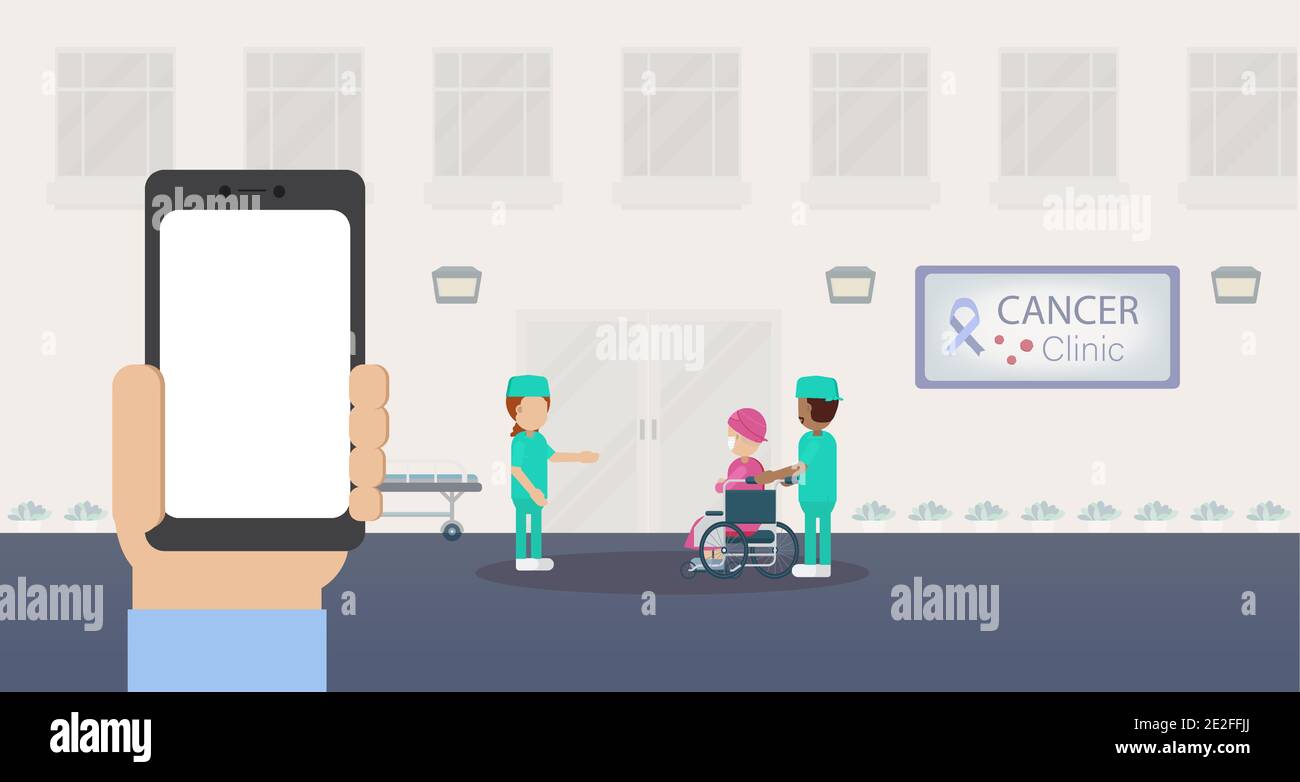 Schermo vuoto mobile con clinica oncologica e personale medico piatto disegno di illustrazione vettoriale Illustrazione Vettoriale