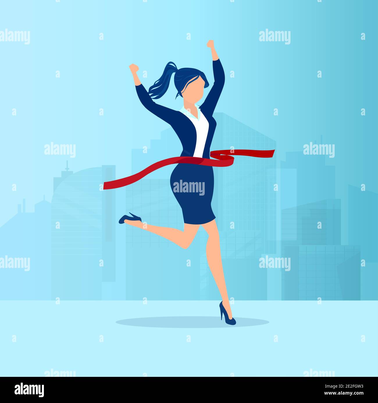 Vettore di una donna d'affari che attraversa il traguardo su un paesaggio urbano sfondo Illustrazione Vettoriale