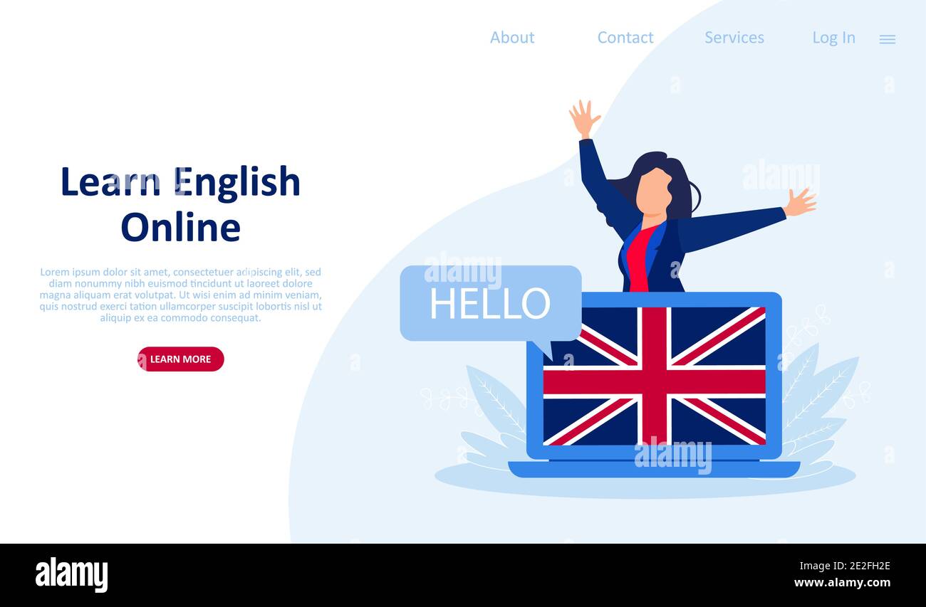 Modello di pagina web vettoriale di corsi online e scuola di lingua Illustrazione Vettoriale