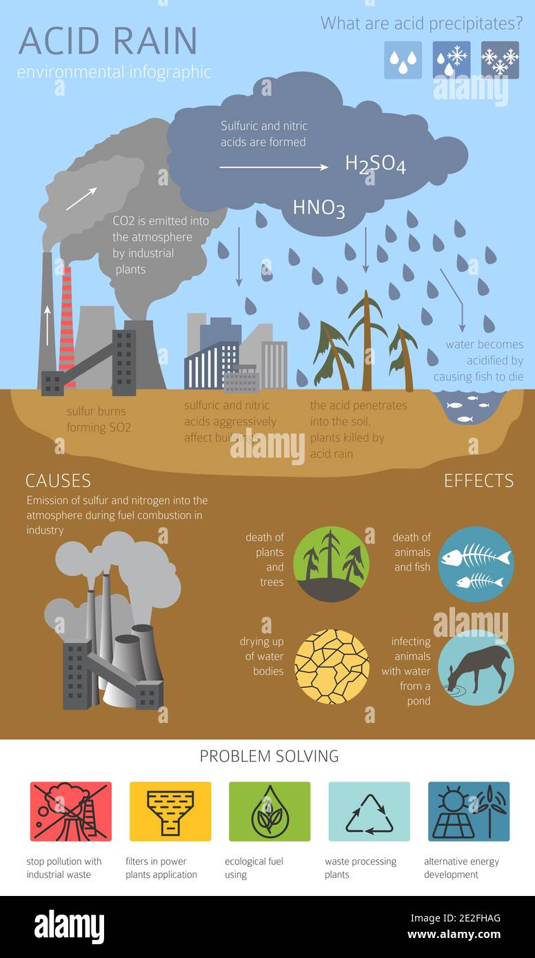 Problemi ambientali globali. Infografica sulla pioggia acida. Illustrazione vettoriale Illustrazione Vettoriale