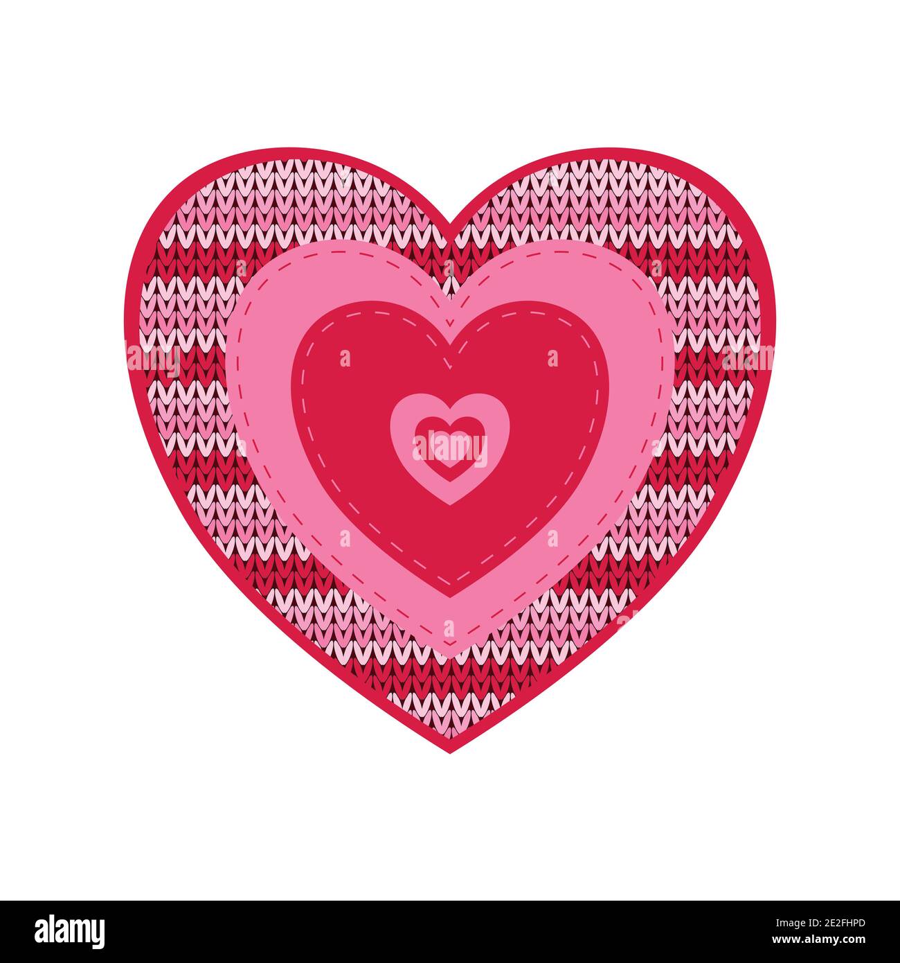 Cuore rosso lavorato a maglia per San Valentino con l'iscrizione Love, isolato su sfondo bianco. Immagine piatta vettoriale. Illustrazione Vettoriale