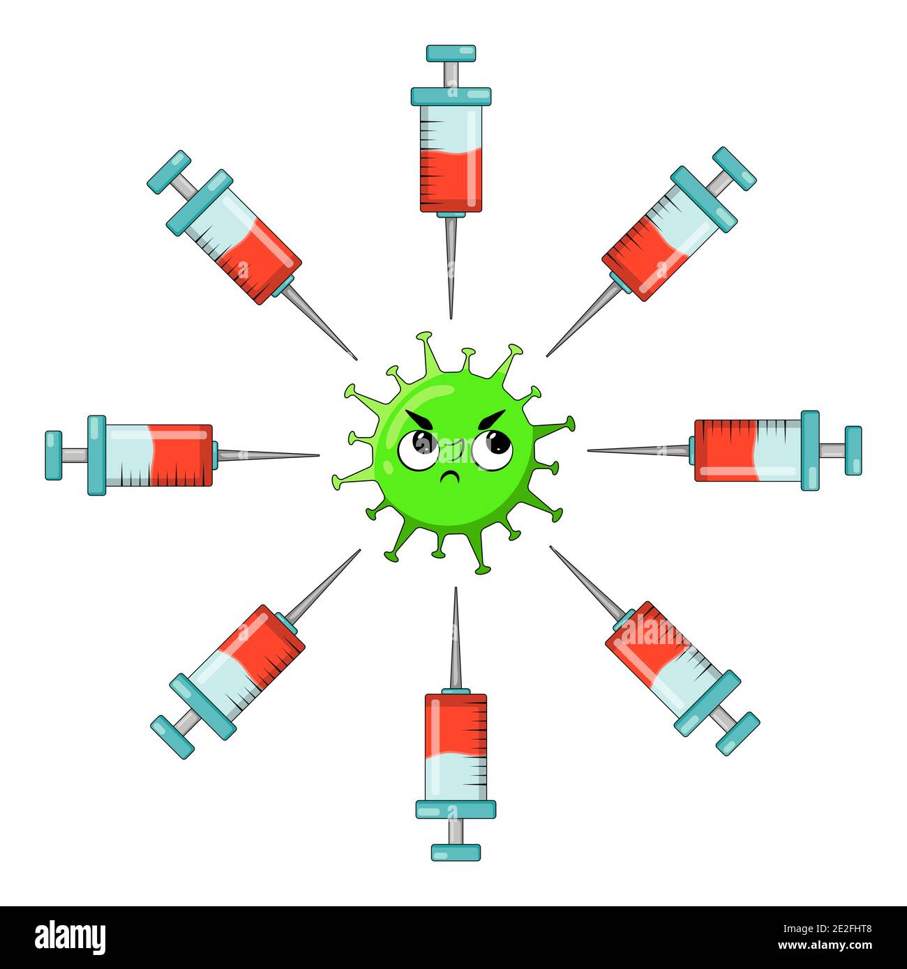 Covid-19 simbolo cartoon vaccinazioni shot. Illustrazione vettoriale isolata su sfondo bianco. Illustrazione Vettoriale