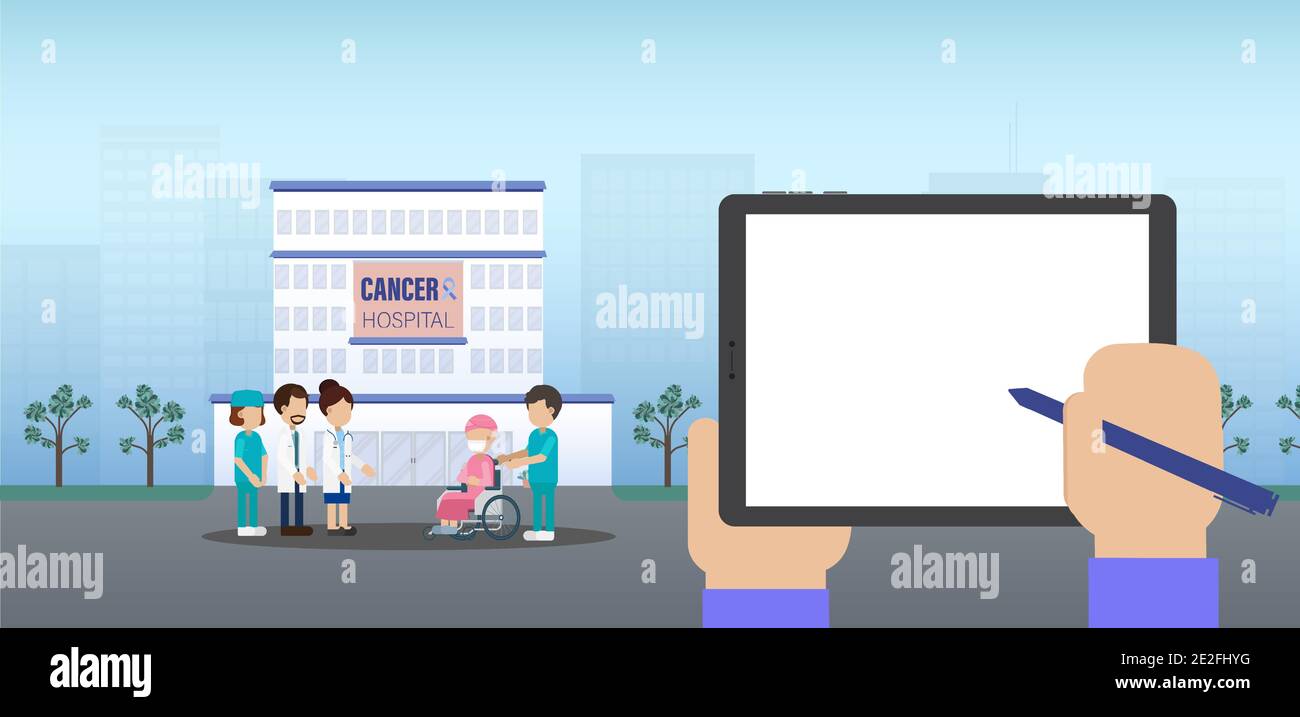 Compressa a schermo vuoto con ospedale oncologico e personale medico piatto disegno di illustrazione vettoriale Illustrazione Vettoriale