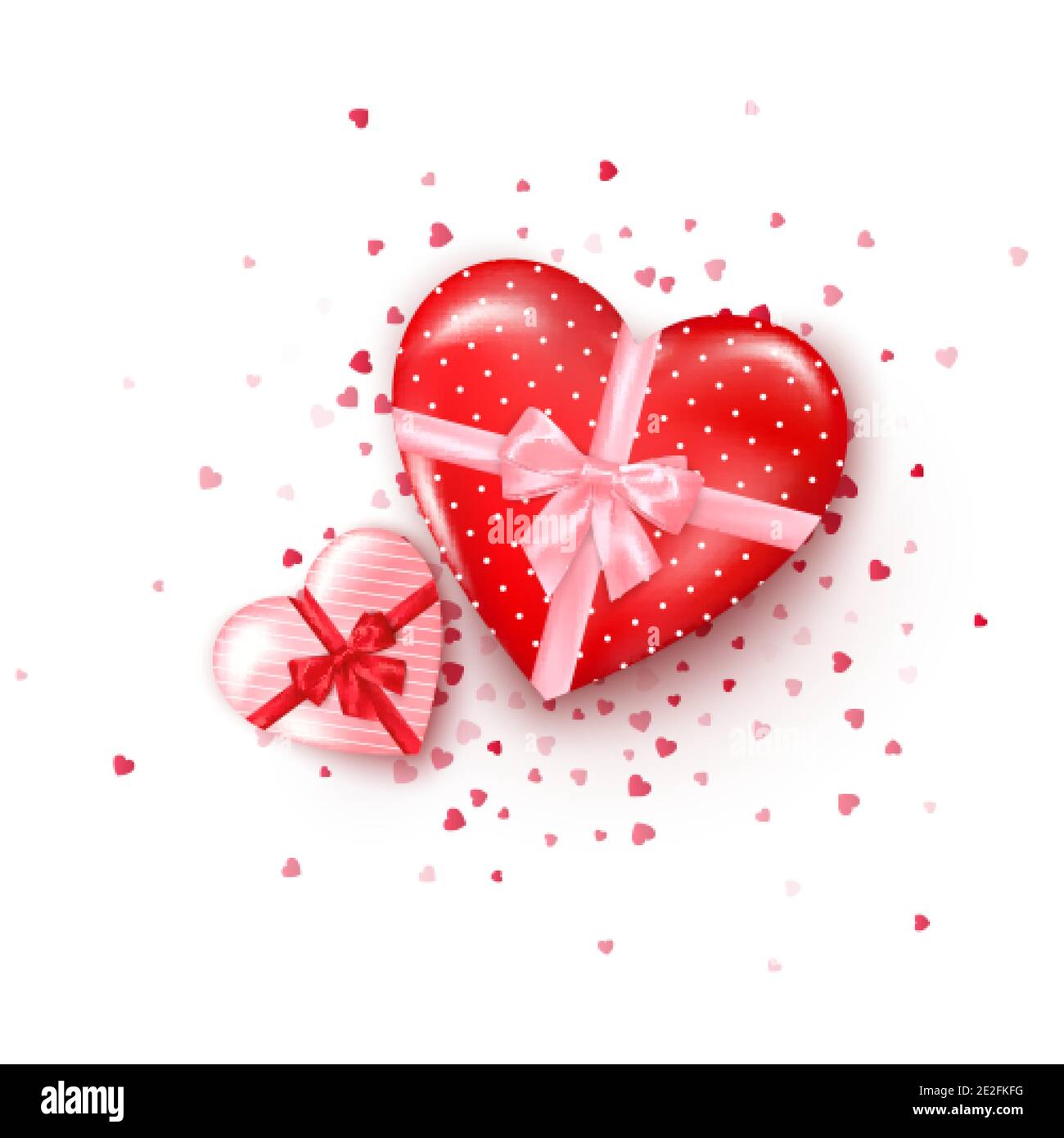 Abbini i regali in scatole a forma di cuore con nastro di seta e arco. Regalo per San Valentino confetti decorati. Vettore Illustrazione Vettoriale