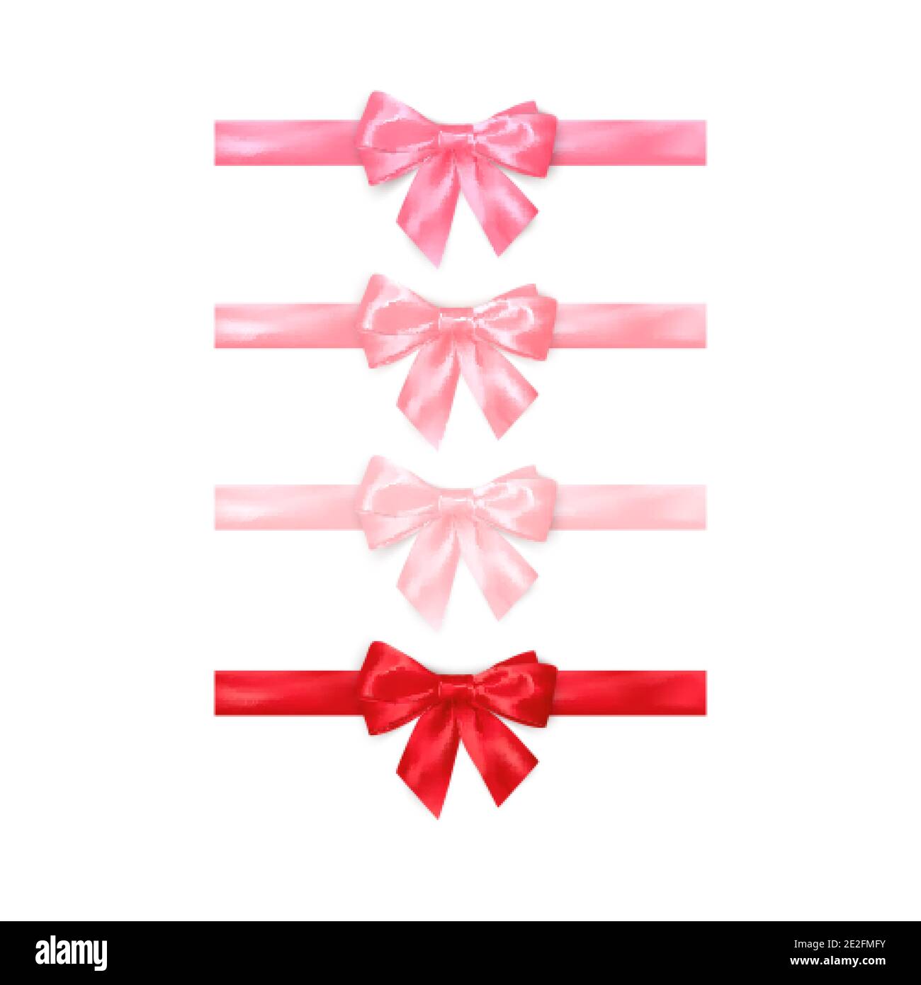 Set di archi rossi e rosa realistici e brillanti isolati su sfondo bianco. Elemento decorativo per giorno di San Valentino o altre vacanze. Vettore Illustrazione Vettoriale