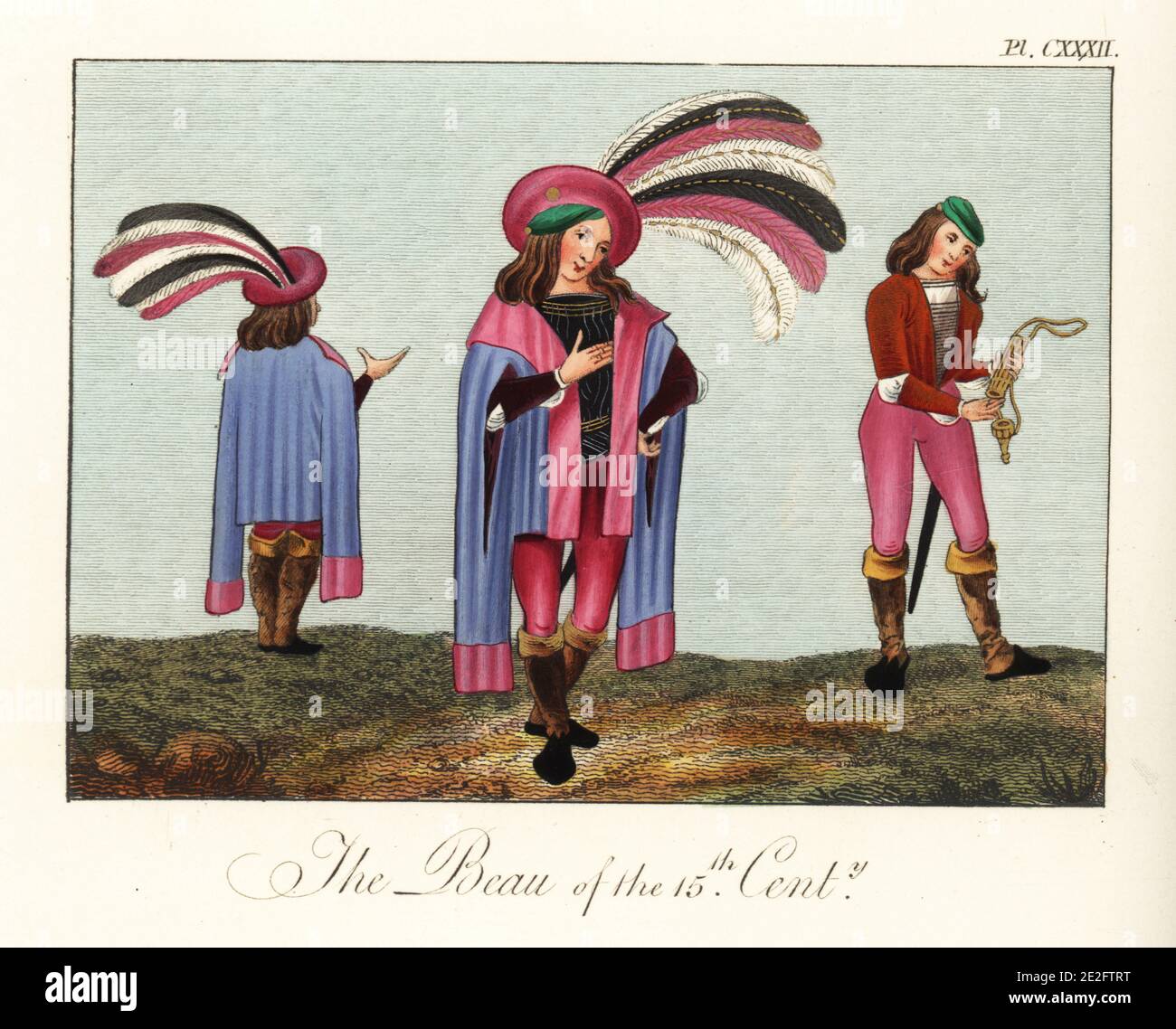 FOP in cappuccio di piuma, maniche lunghe con maniche divise, doppietta, tubo e stivali (anteriore e posteriore), e lo stesso dandy in cappuccio, doppietta, tubo e stivali prendendo un ago da una custodia per fissare le sue maniche. Il Beau del 15 ° secolo. Due raffigurazioni di l'Amans dalla frontespizio, f.7r, di Guillaume de Lorris e Roman de la Rose di Jean de Meun, Harley MS 4425, British Library. Incisione a mano di Joseph Strutt dalla sua visione completa del vestito e delle abitudini del popolo d'Inghilterra, Henry Bohn, Londra, 1842. Foto Stock