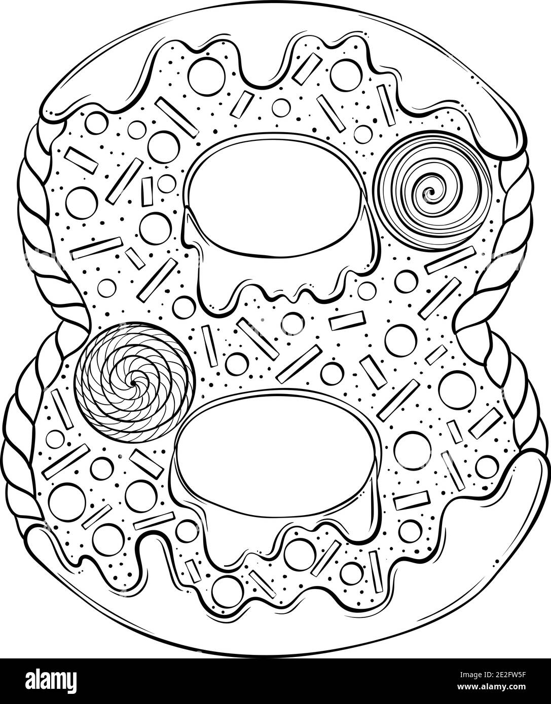 Numero di serie 8. Biscotti di pan di zenzero nella forma del numero otto. Font vettoriale cartoon in stile grafico a linee disegnate a mano isolato su sfondo bianco. Modello con logo per lettere. Disegno di libro di colorazione. Illustrazione Vettoriale