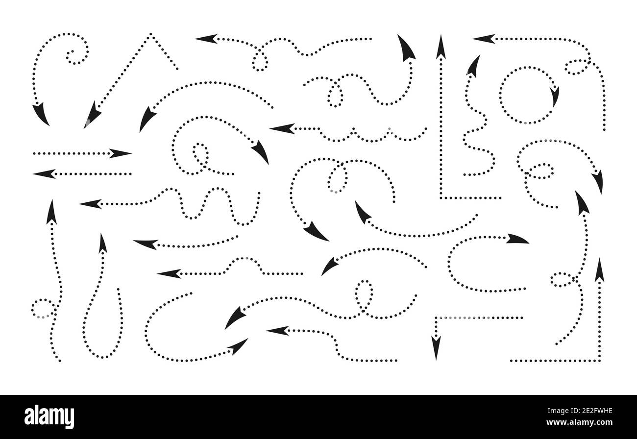 Set di disegni a mano con frecce nere infografiche. Raccolta di punti del puntatore con direzioni diverse dinamiche. Vari curvi, arcuati artistico irregolare forme cursore freccia. Elementi di progettazione del segnale vettoriale Illustrazione Vettoriale