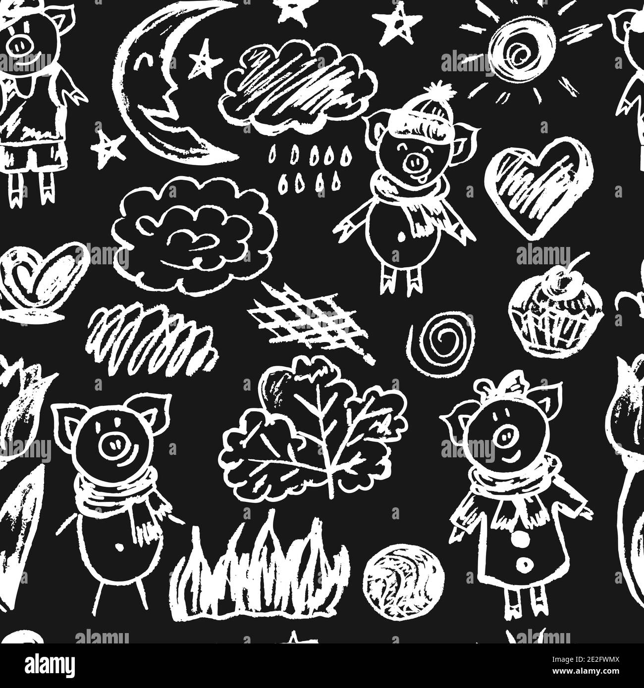 Disegno per bambini senza interruzioni. Pastelli in cera bianca e nera su sfondo nero. Icone, segni, simboli, perni. Cupcake, piggy, nuvola di fiori Illustrazione Vettoriale