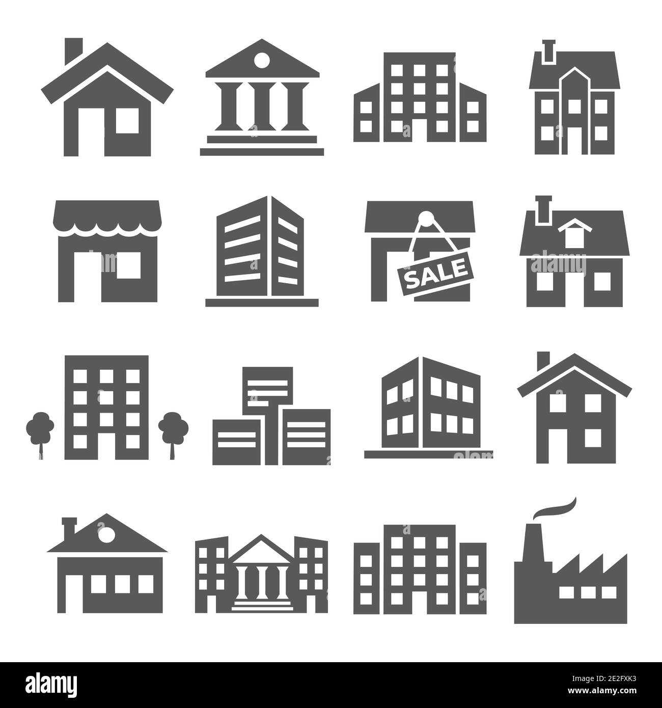 Edifici e Case icone su sfondo bianco Illustrazione Vettoriale