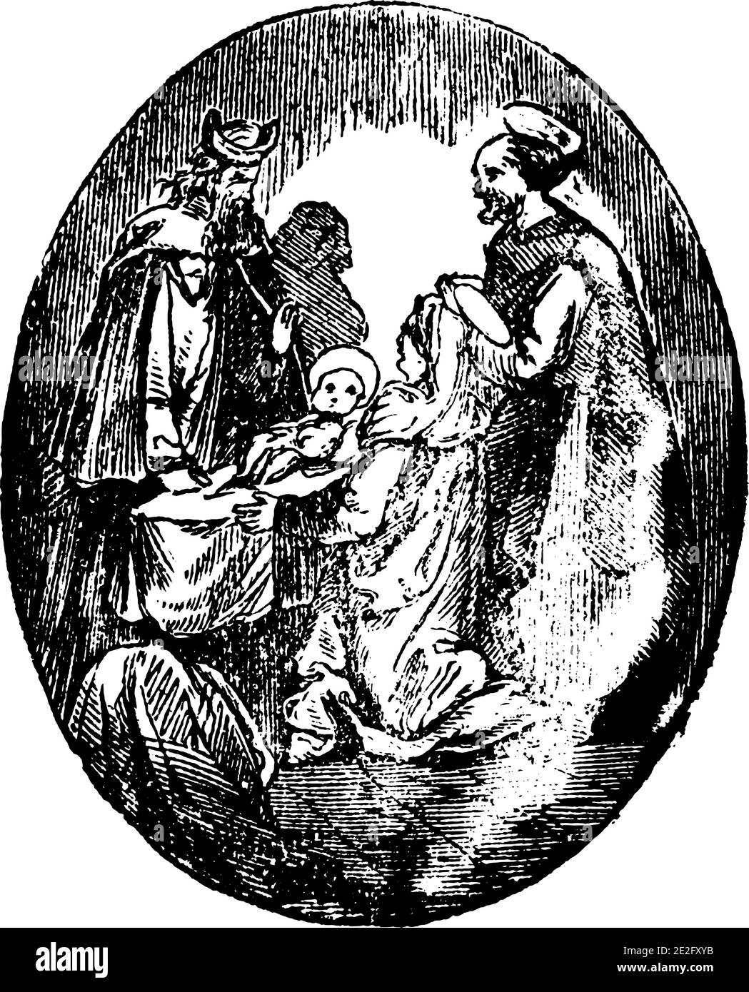 La Vergine Maria, Giuseppe e il bambino Gesù Cristo nel tempio di Gerusalemme incontrano Simeone. Bibbia, nuovo Testamento, Luca 2.Antique annata biblica cristiana incisione o disegno. Illustrazione Vettoriale