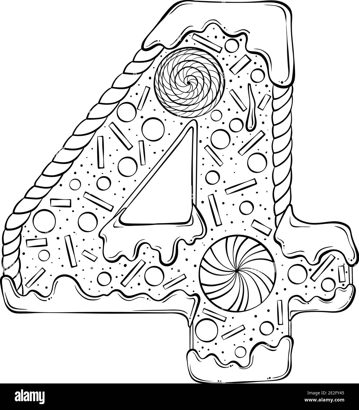Numero di serie 4. Biscotti di pan di zenzero nella forma del numero quattro. Font vettoriale cartoon in stile grafico a linee disegnate a mano isolato su sfondo bianco. Modello con logo