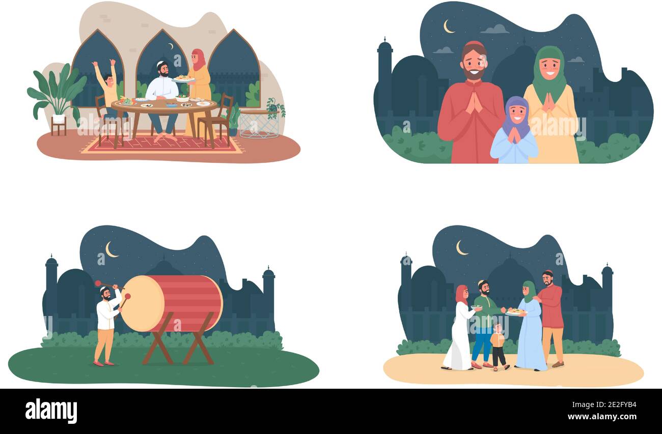Banner Web vettoriale 2D cultura musulmana, set di poster Illustrazione Vettoriale