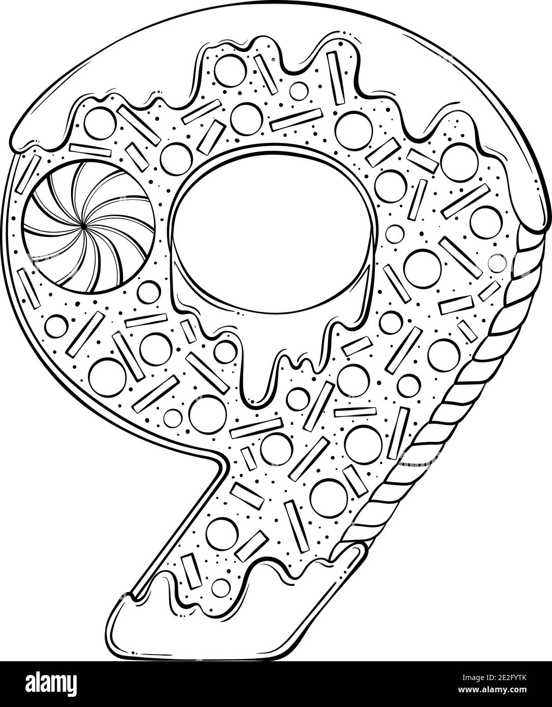 Numero di serie 9. Biscotti di pan di zenzero nella forma del numero nove. Font vettoriale cartoon in stile grafico a linee disegnate a mano isolato su sfondo bianco. Modello con logo per lettere. Disegno di libro di colorazione. Illustrazione Vettoriale