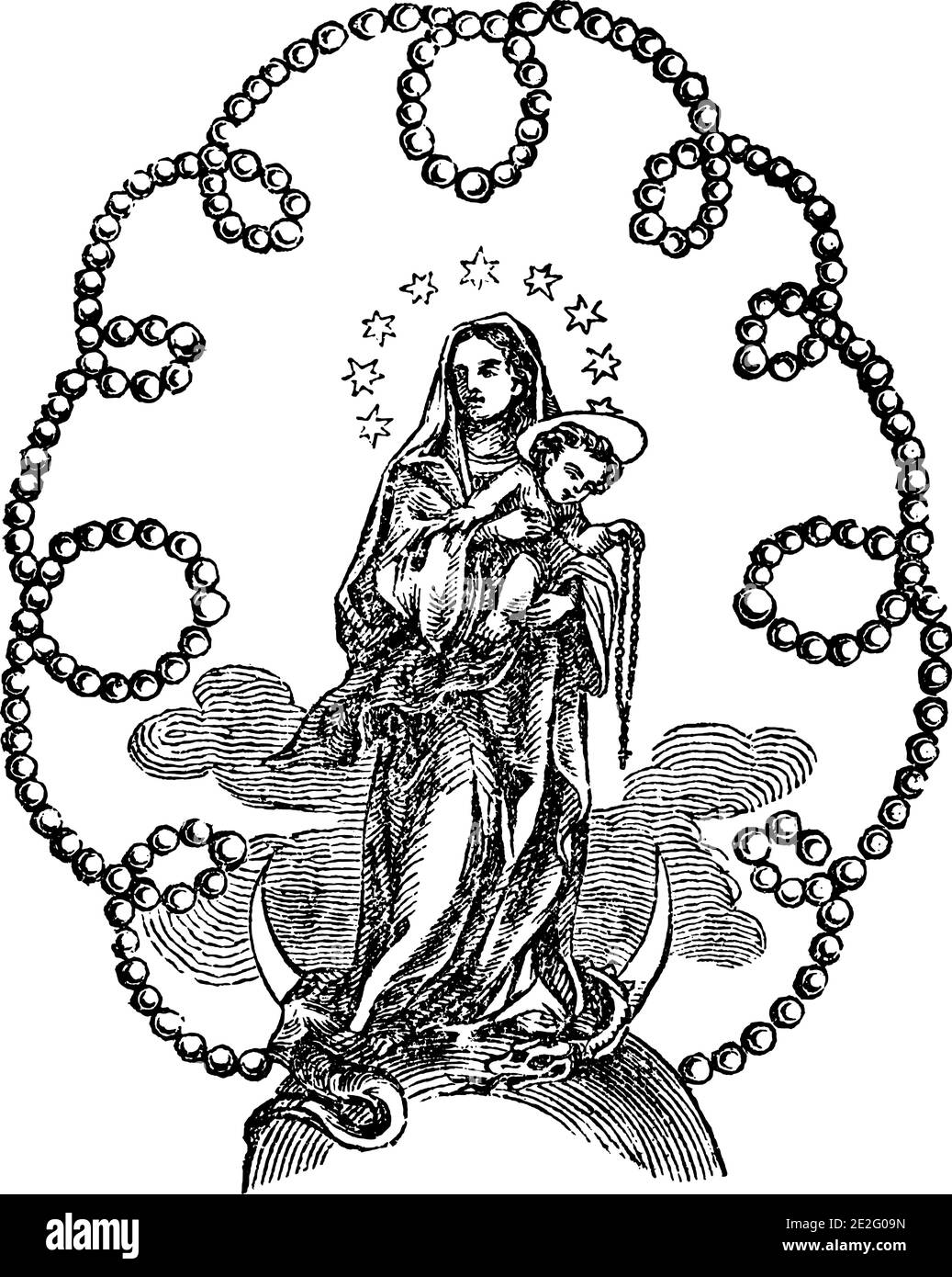 Immagine ornamentale di Madonna o Vergine Maria che tiene bambino Gesù Cristo circondato da ornamento perla.Antique annata biblica cristiana religiosa incisione o disegno. Illustrazione Vettoriale