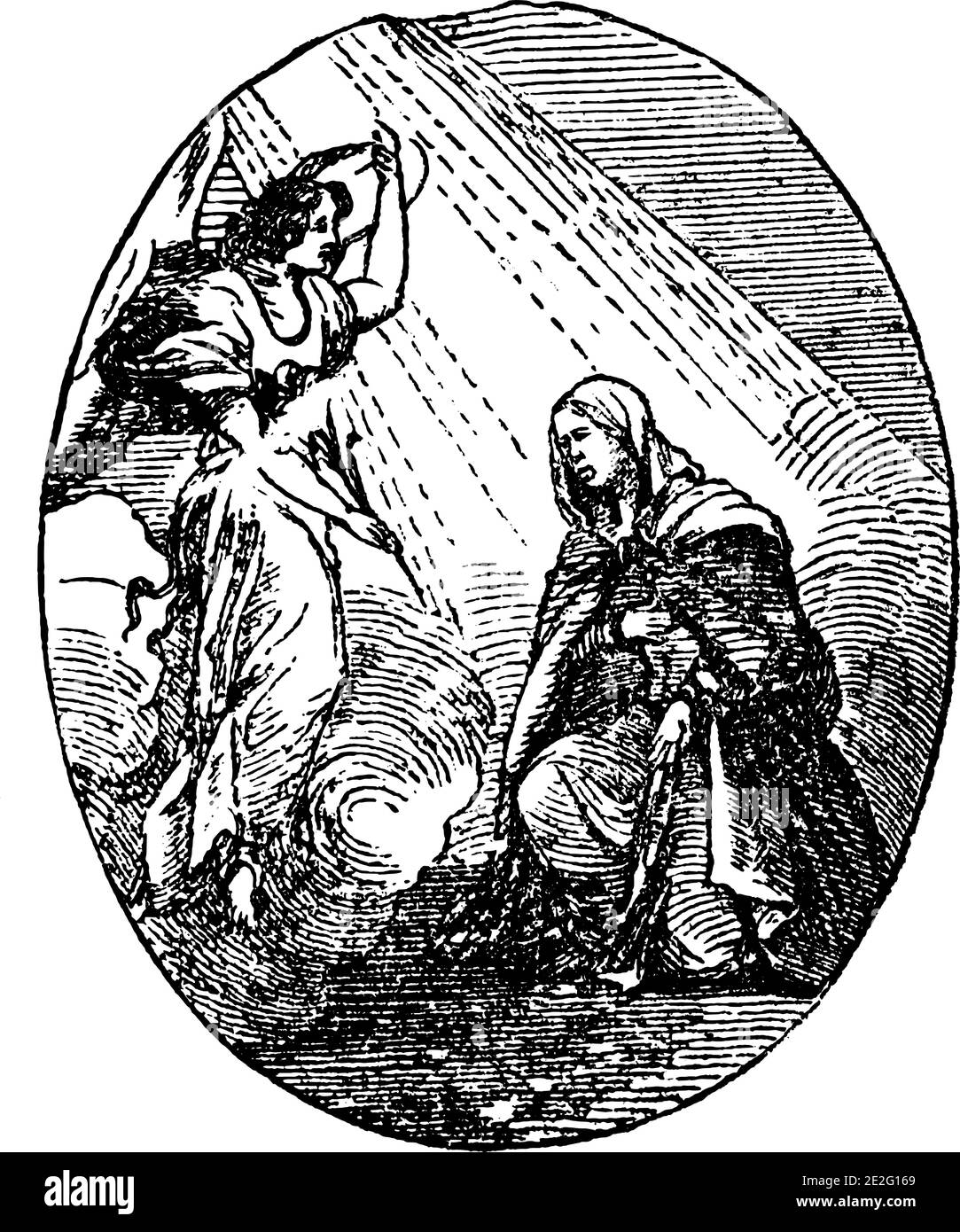 Donna inginocchiata e che parla con fata o angelo. Illustrazione religiosa o fantasy. Antica incisione o disegno cristiano biblico d'epoca. Illustrazione Vettoriale