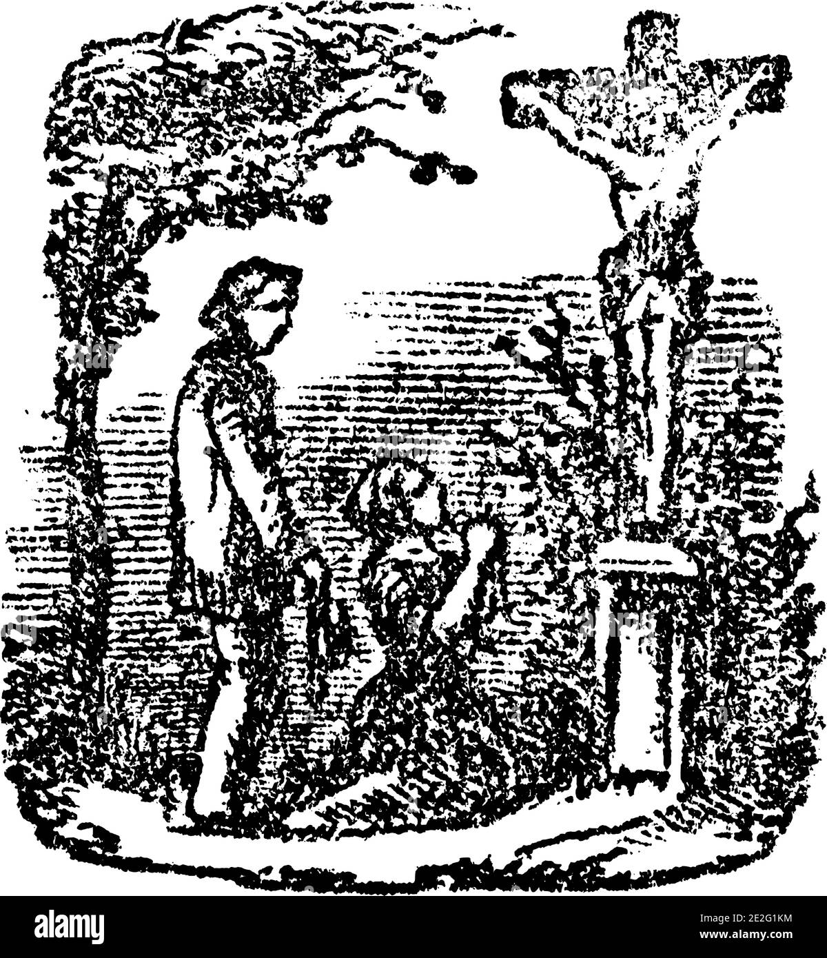 L'uomo e la donna stanno pregando a Gesù Cristo, inginocchiandosi davanti alla croce fuori in nature.Antique annata biblica cristiana religiosa incisione o disegno. Illustrazione Vettoriale
