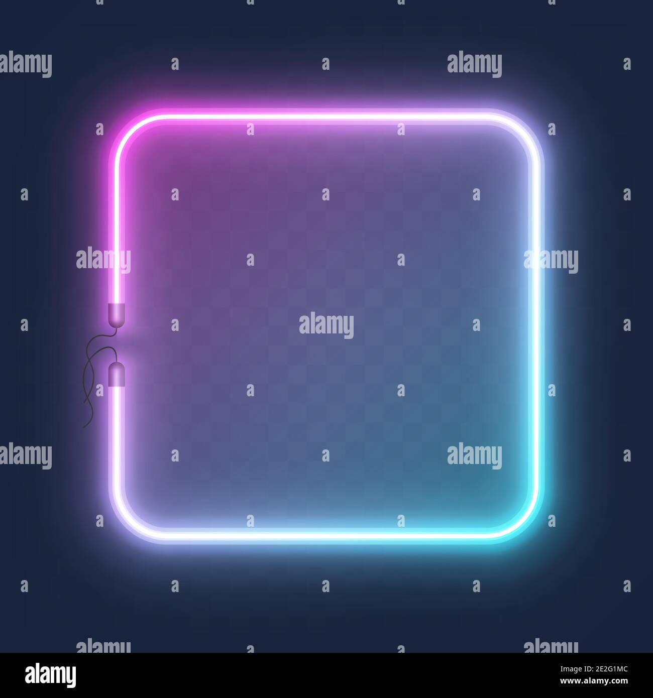 Cornice quadrata al neon di forma luminosa e realistica isolata su sfondo trasparente con posizione per il testo. Effetto neon brillante e luminoso con fili, Vector Illustrazione Vettoriale