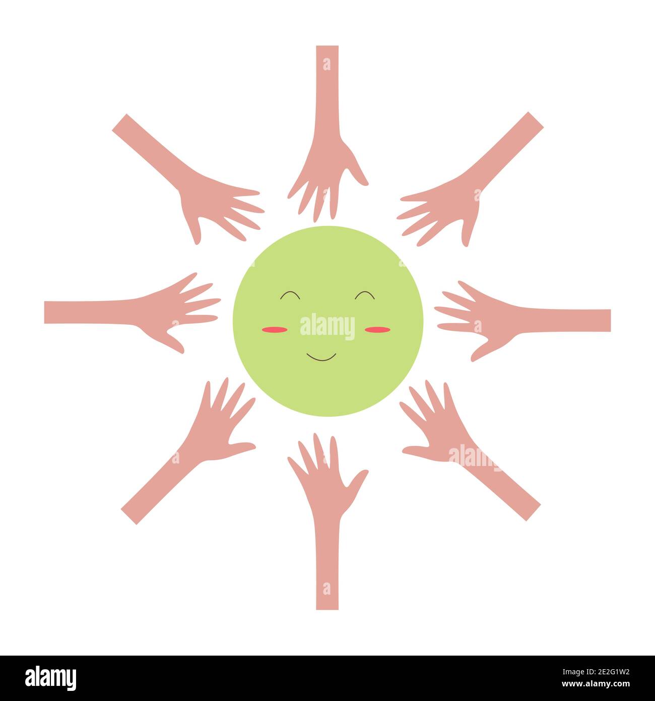 Coesione sociale intorno a un pianeta felice Terra. Le mani della gente sono unite in un cerchio. Giornata di solidarietà delle persone. Illustratio isolato vettoriale colorato Illustrazione Vettoriale