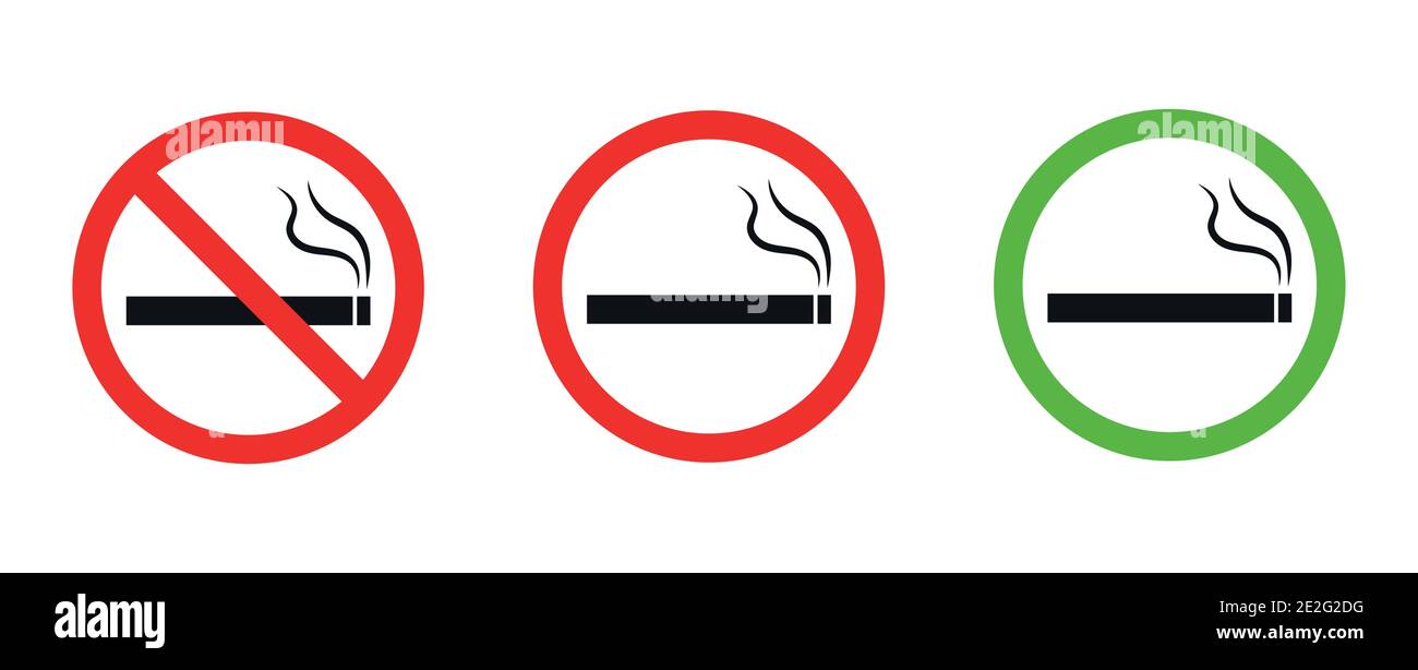 Set di cartelli per fumo e fumo, illustrazione vettoriale su sfondo bianco. Illustrazione Vettoriale