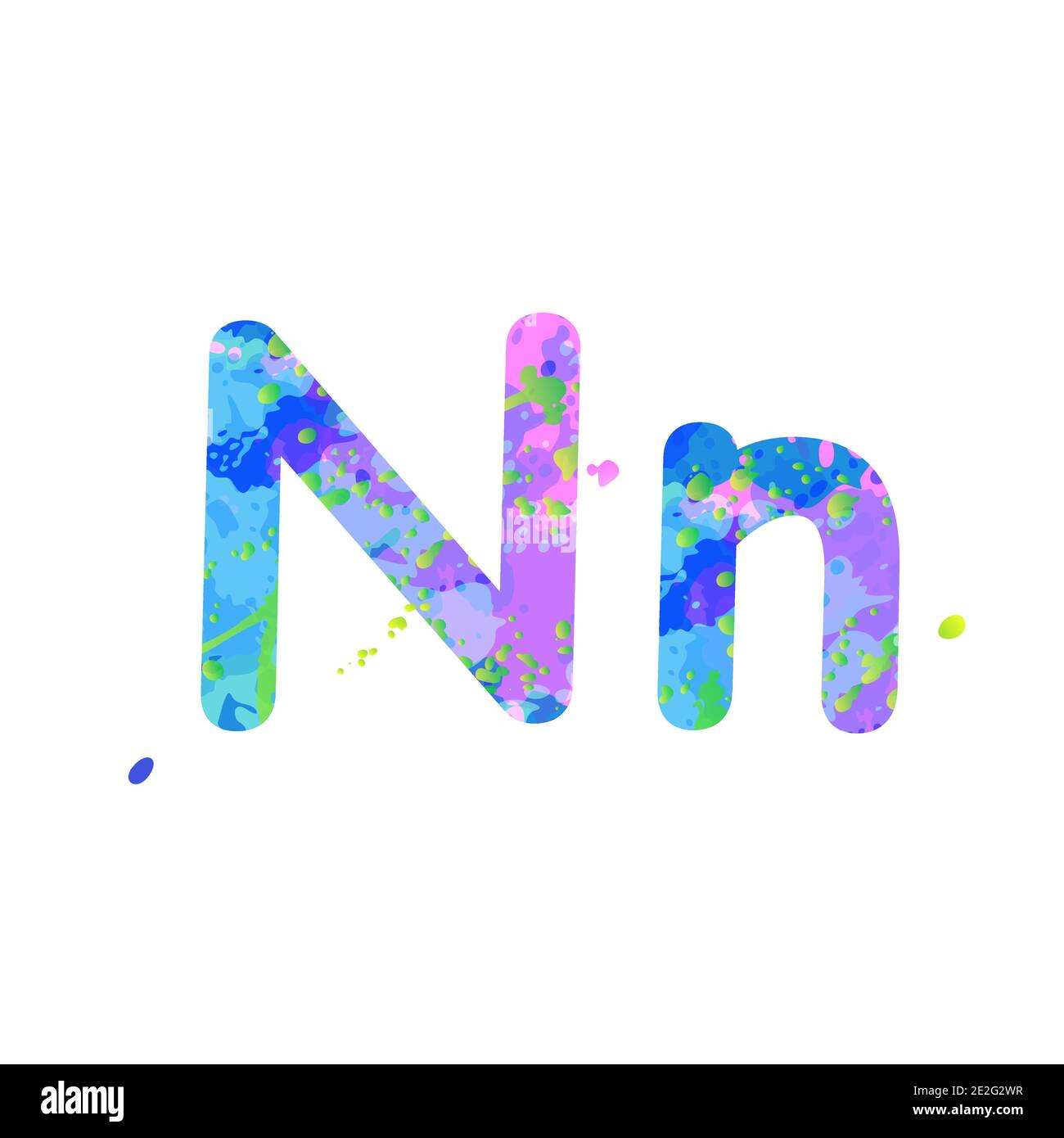 Lettere maiuscole e minuscole con effetto di macchie liquide di vernice nei colori blu, verde, rosa, isolate su sfondo bianco. Elemento decorativo per la progettazione di volantini, poster, copertina, titolo. Vettore Illustrazione Vettoriale