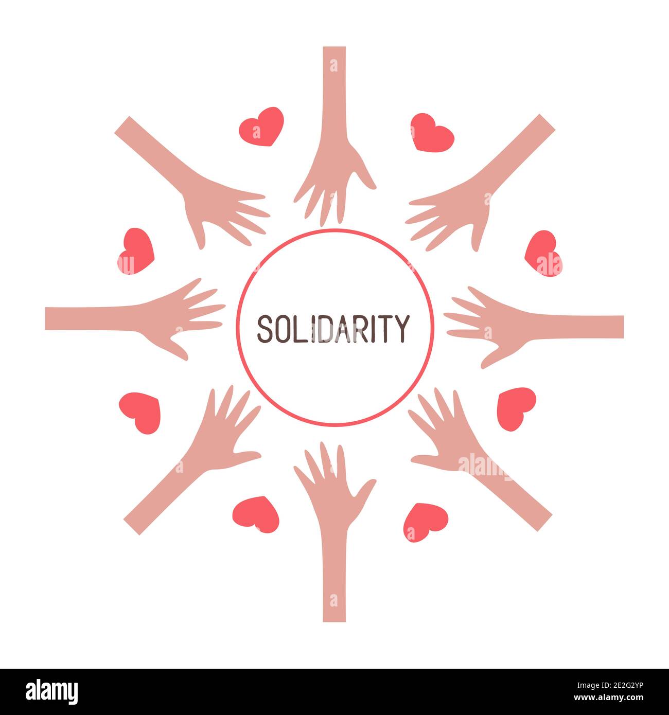 Le mani della gente sono unite in un cerchio con i cuori. Giornata internazionale della solidarietà umana. Coesione sociale. Sostenersi l'un l'altro attraverso l'amore. Colore Illustrazione Vettoriale