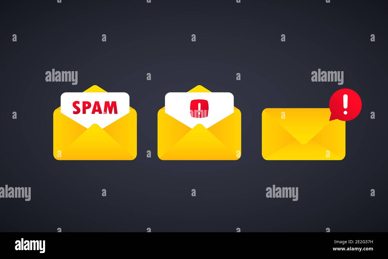 Messaggio di spam. Informazioni di avviso e-mail. Busta con spam. Notifica messaggio di avviso. Avvisi di errore di pericolo. Interrompere l'illustrazione del vettore spam. Problema di virus Illustrazione Vettoriale