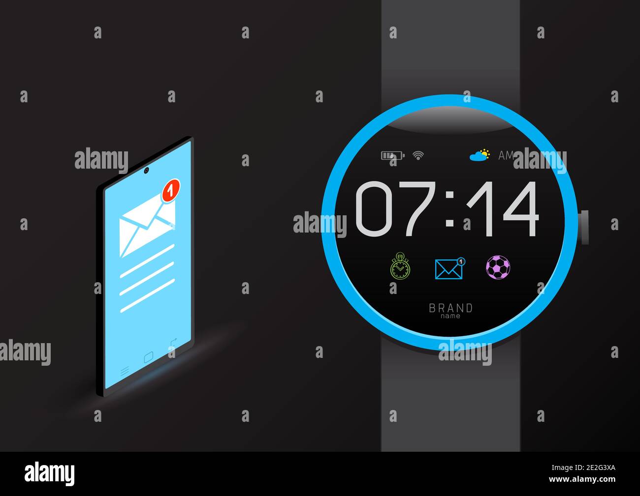 sincronizzazione di smart watch e smartphone Illustrazione Vettoriale