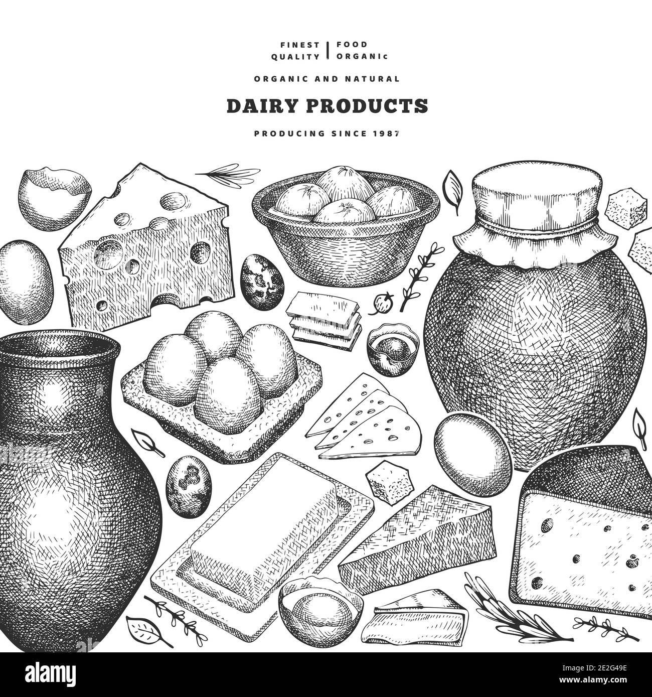 Modello di disegno di cibo di fattoria. Illustrazione del latte vettoriale disegnata a mano. Con incisione di diversi prodotti a base di latte e di uova. Retrò cibo sfondo. Illustrazione Vettoriale