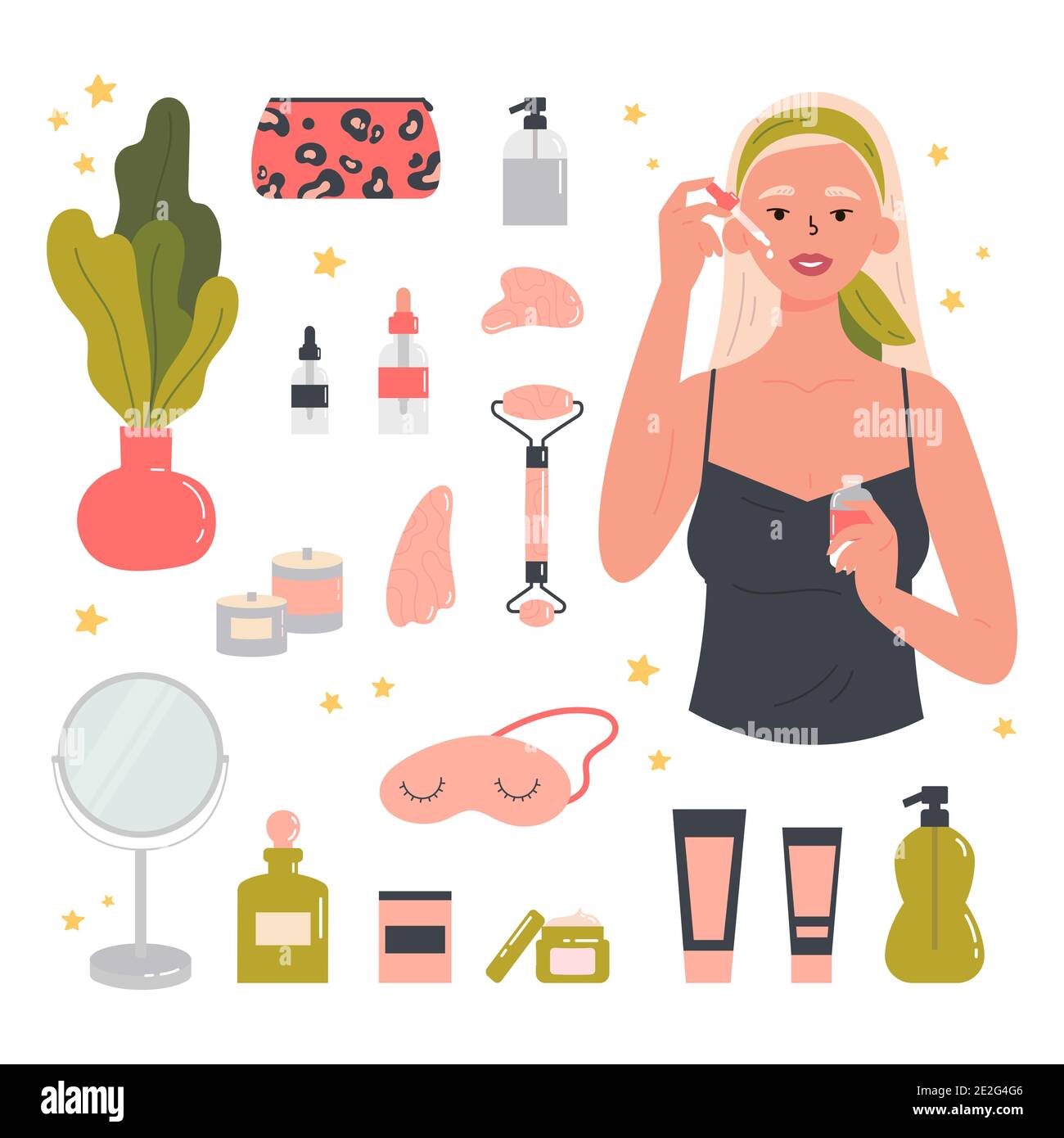 Ragazza con vari cosmetici e accessori. Illustrazione Vettoriale