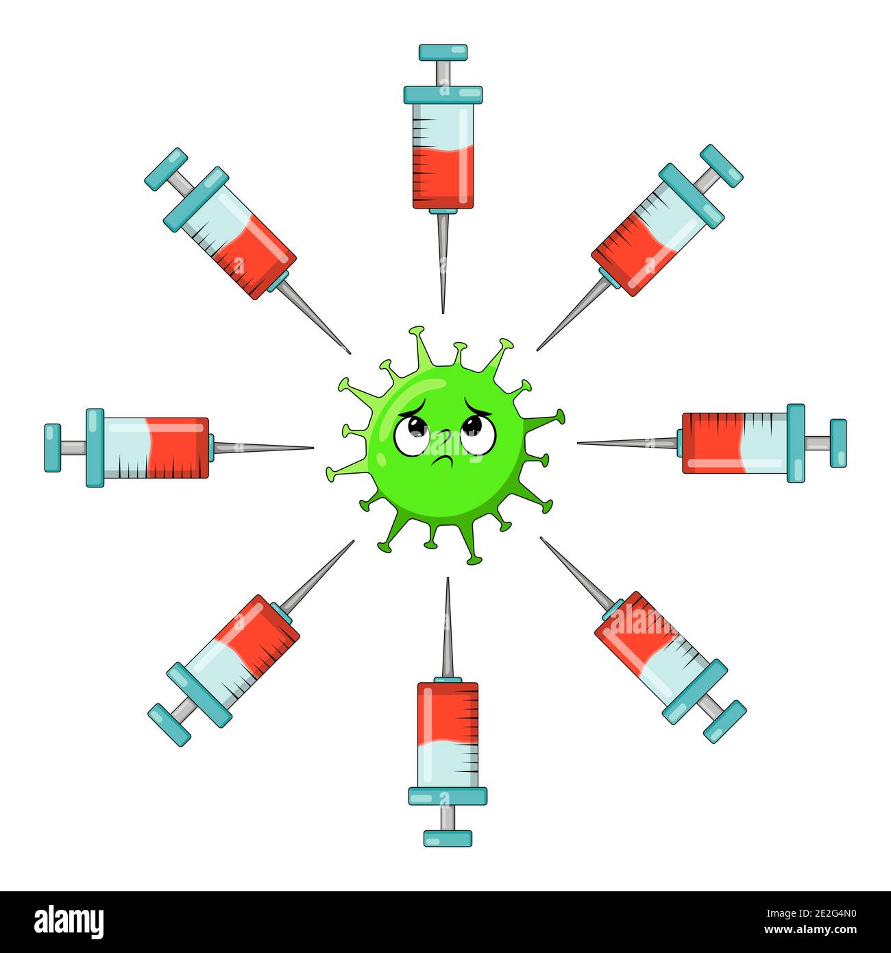 Covid-19 simbolo del cartone animato vaccino. Illustrazione vettoriale isolata su sfondo bianco. Illustrazione Vettoriale