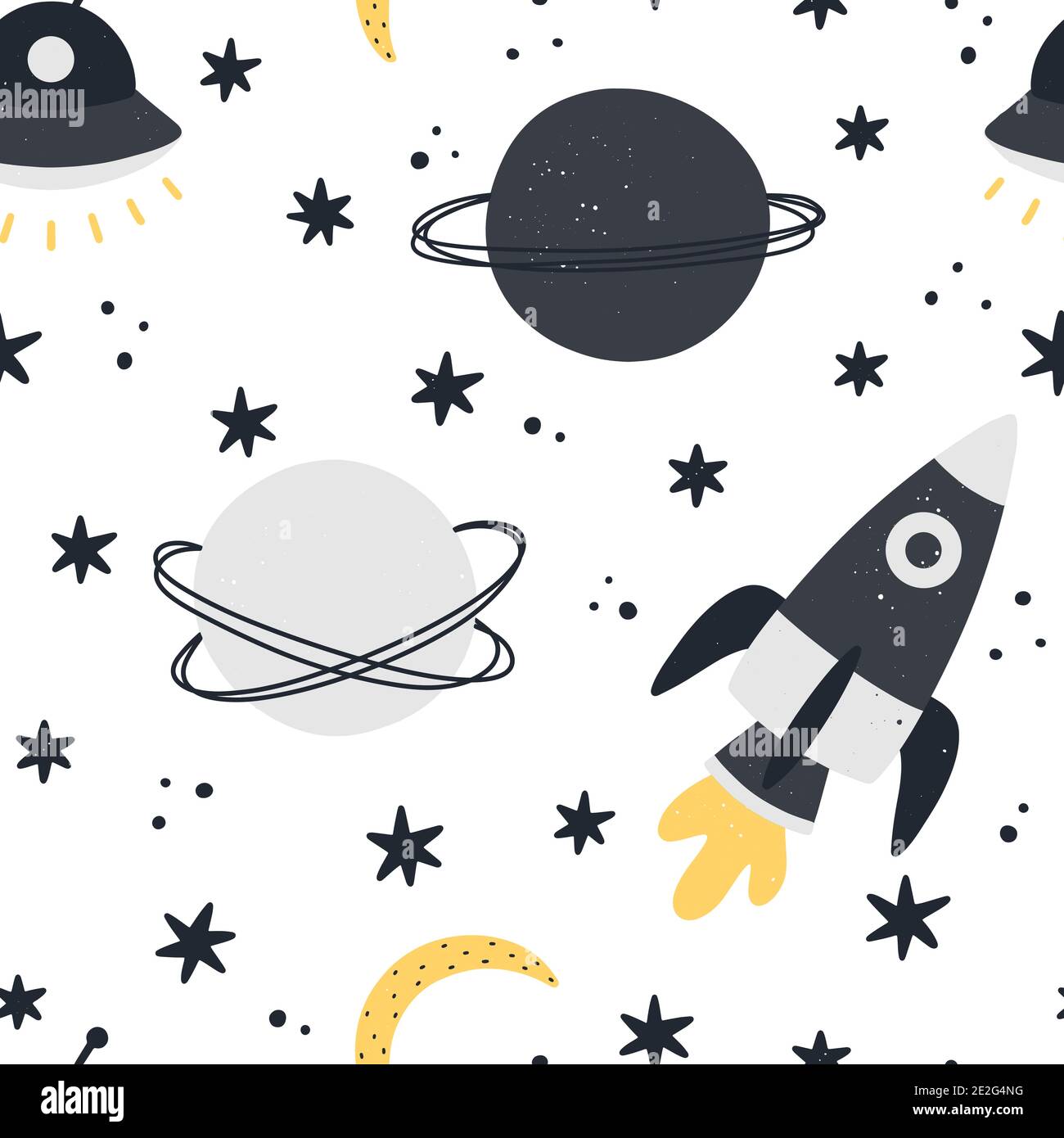 Cute spazio senza giunture con razzo, luna, pianeti e stelle isolate su sfondo bianco. Bambino disegnata a mano in stile scandinavo illustrat vettore Illustrazione Vettoriale