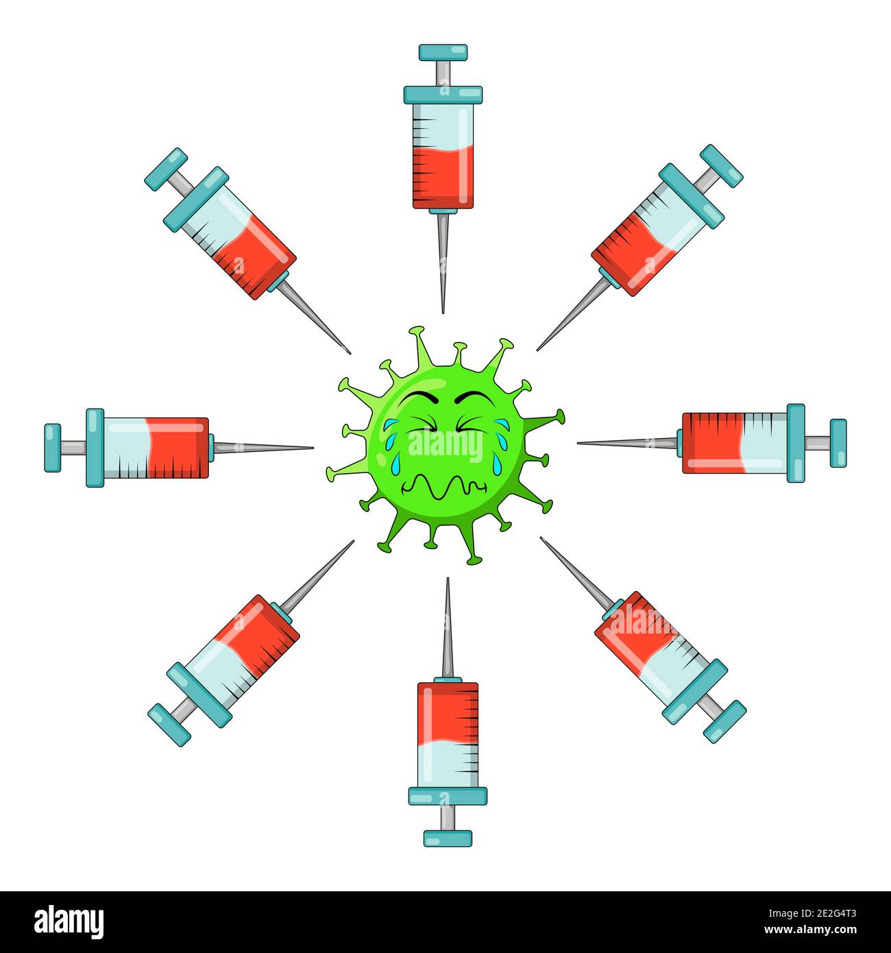 Coronavirus personaggio essere impaurito vaccino iniezione shot cartoon simbolo. Illustrazione vettoriale isolata su sfondo bianco. Illustrazione Vettoriale