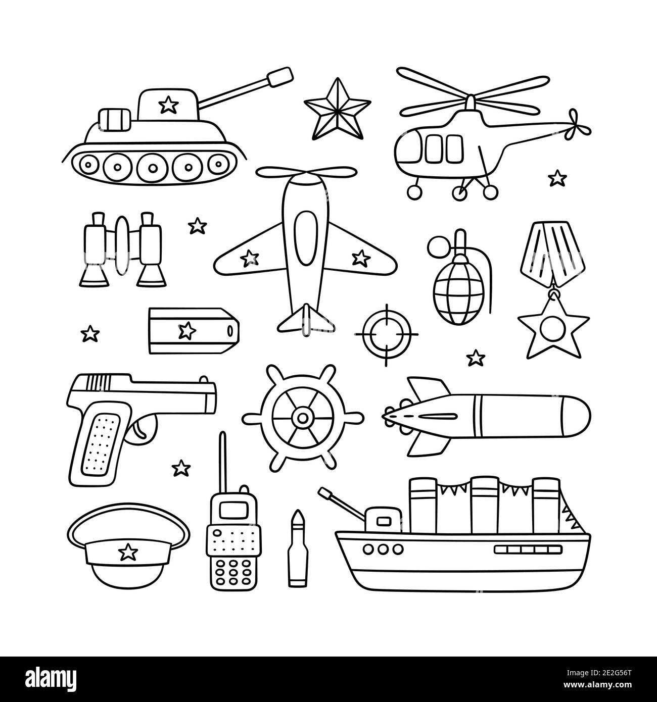 Oggetti per il Defender della Giornata della Patria 23 febbraio e il giorno della Vittoria 9 maggio. Illustrazione Vettoriale