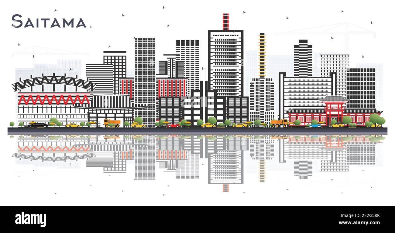 Saitama Japan City Skyline con edifici colorati e riflessi isolati su bianco. Illustrazione vettoriale. Illustrazione Vettoriale