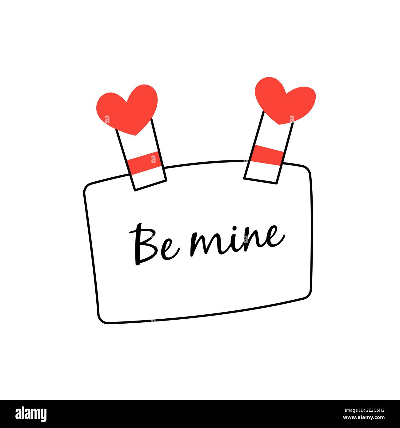 Due clothespins con i cuori tengono una nota che dice essere mio. Le clip decorative di cancelleria contengono il messaggio di riconoscimento. Buon giorno di San Valentino. Dichiarazione Illustrazione Vettoriale