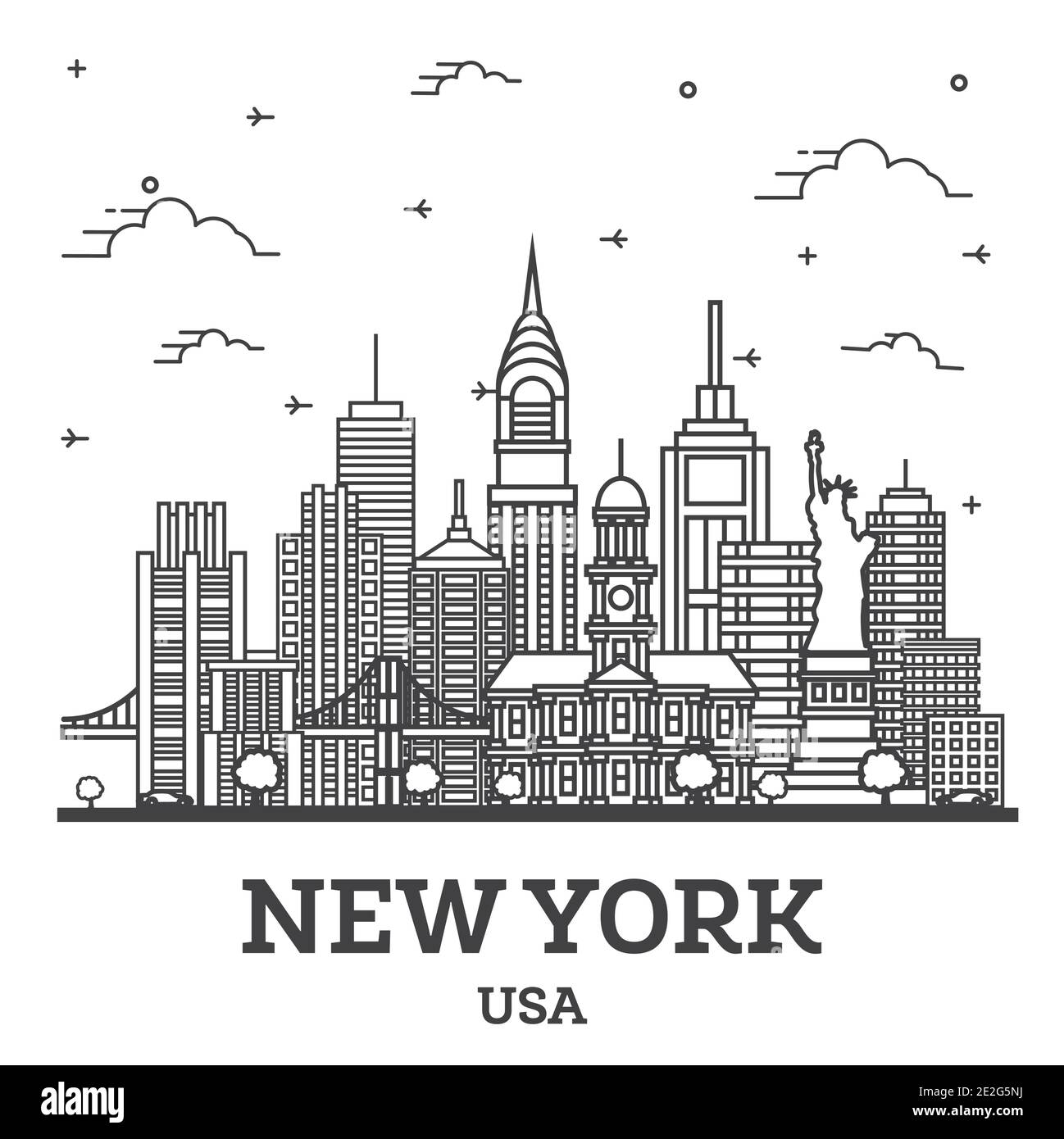 Profilo New York STATI UNITI D'AMERICA skyline della città con moderni edifici isolati su bianco. Illustrazione Vettoriale. New York Cityscape con punti di riferimento. Illustrazione Vettoriale