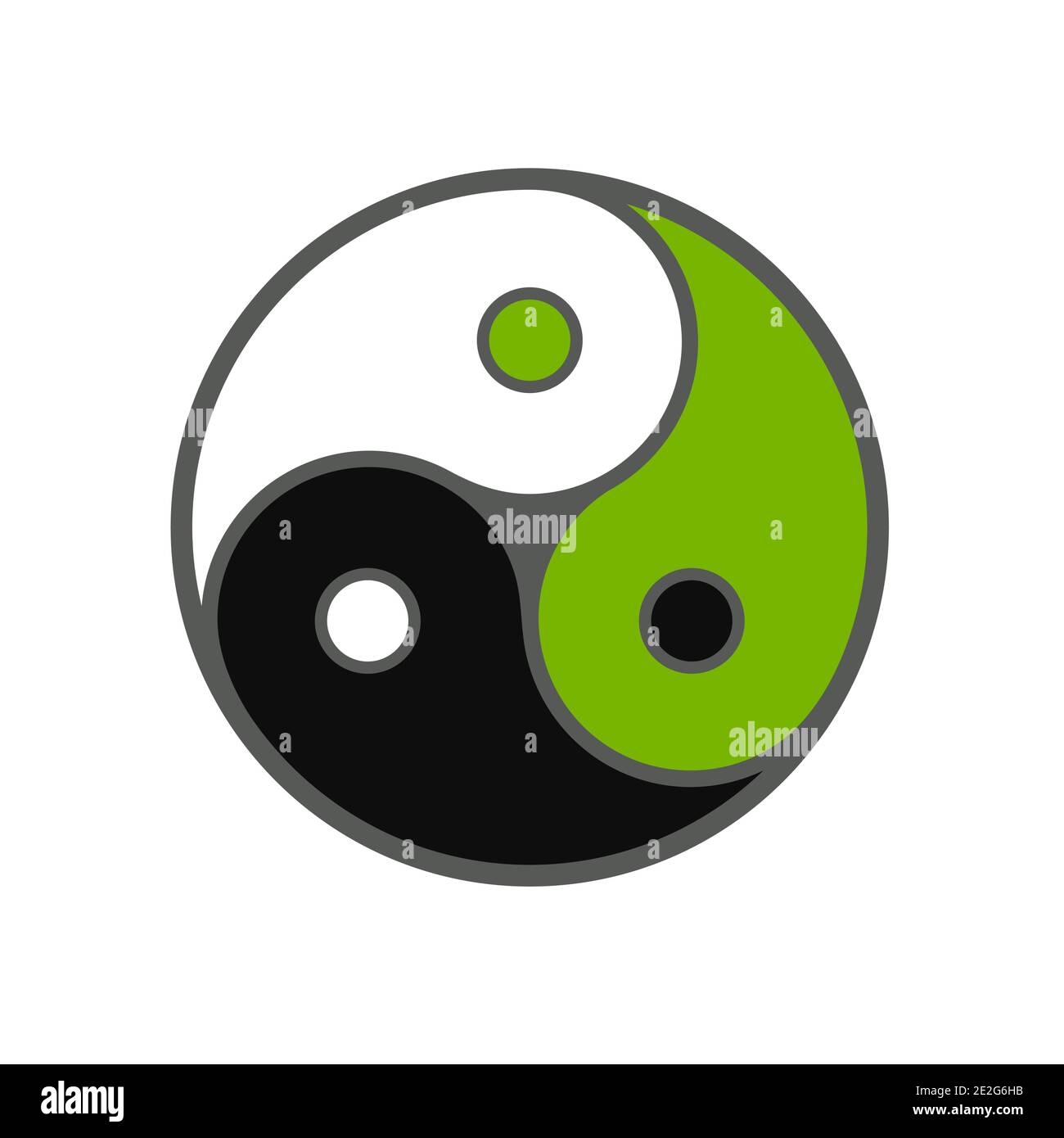 Triplo simbolo yin yang, tre colori in equilibrio. Bianco, nero e verde. Immagine grafica vettoriale su sfondo bianco. Illustrazione Vettoriale