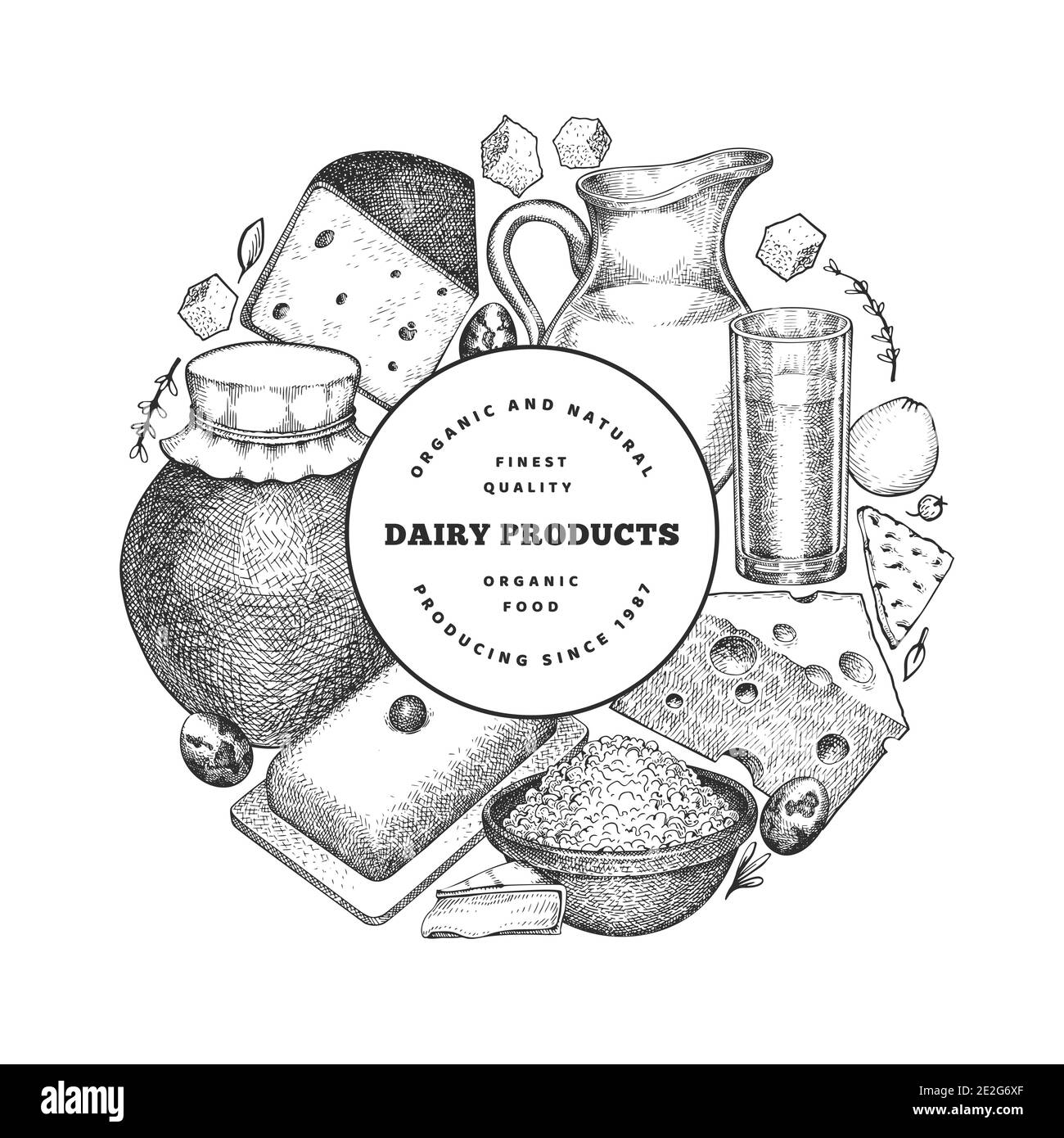 Modello di disegno di cibo di fattoria. Illustrazione del latte vettoriale disegnata a mano. Con incisione di diversi prodotti a base di latte e di uova. Retrò cibo sfondo. Illustrazione Vettoriale